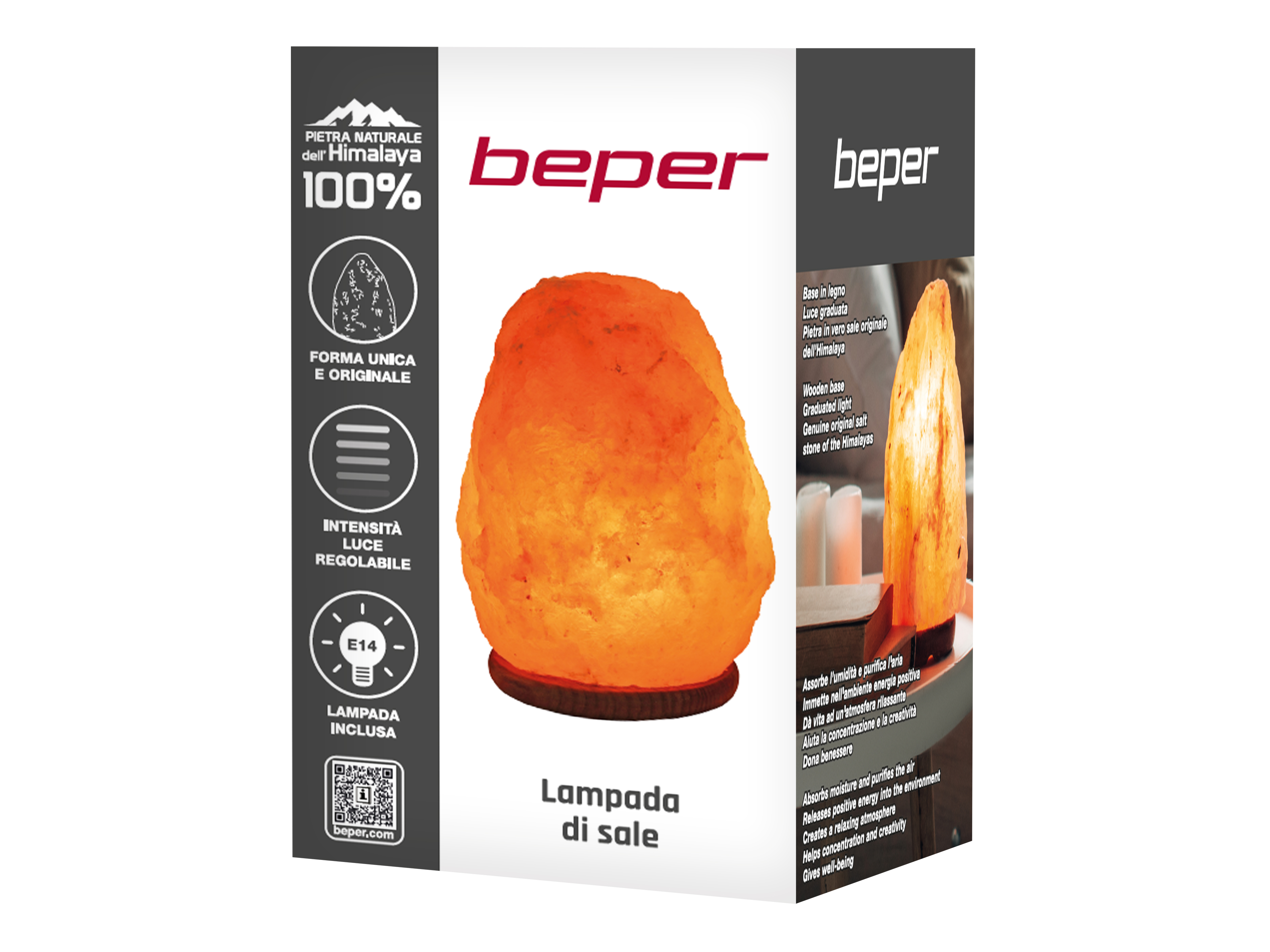 Lampada di sale dell'Himalaya con base in legno e luminosità regolabile.