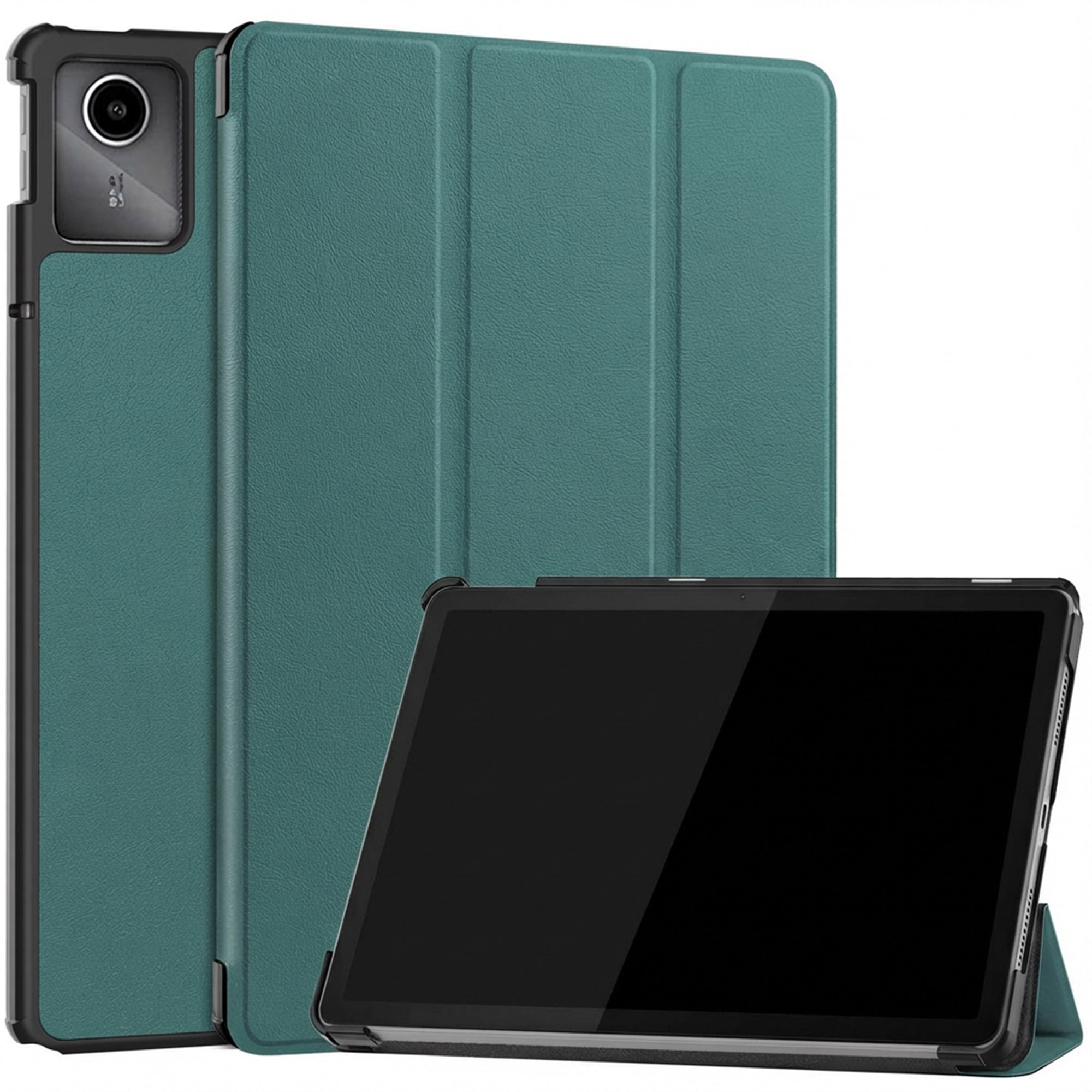 A teal tablet case stands upright next to a tablet with a black screen.