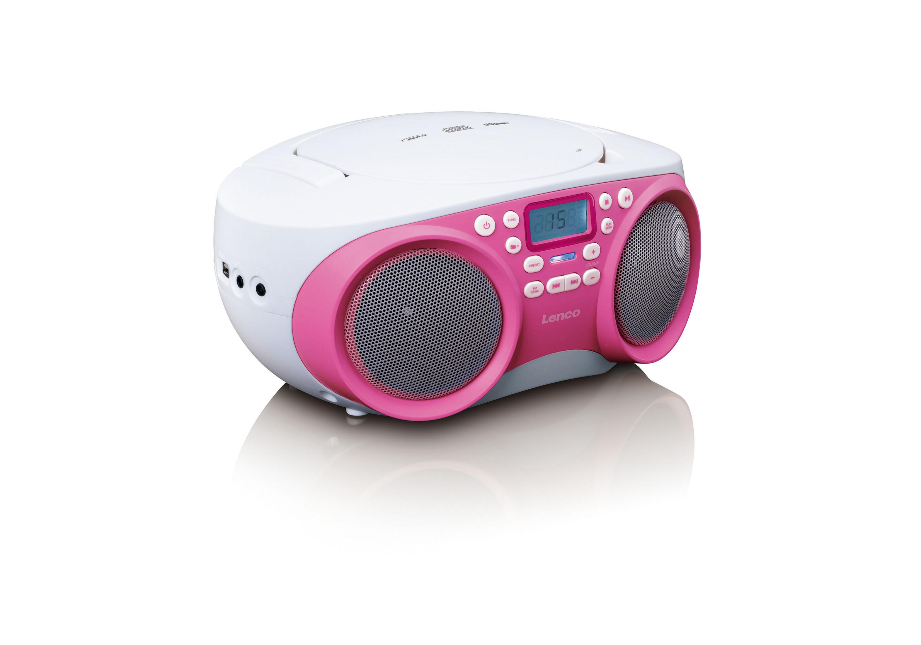 Ein pink-weißer CD-Player mit Lautsprechern und Display.