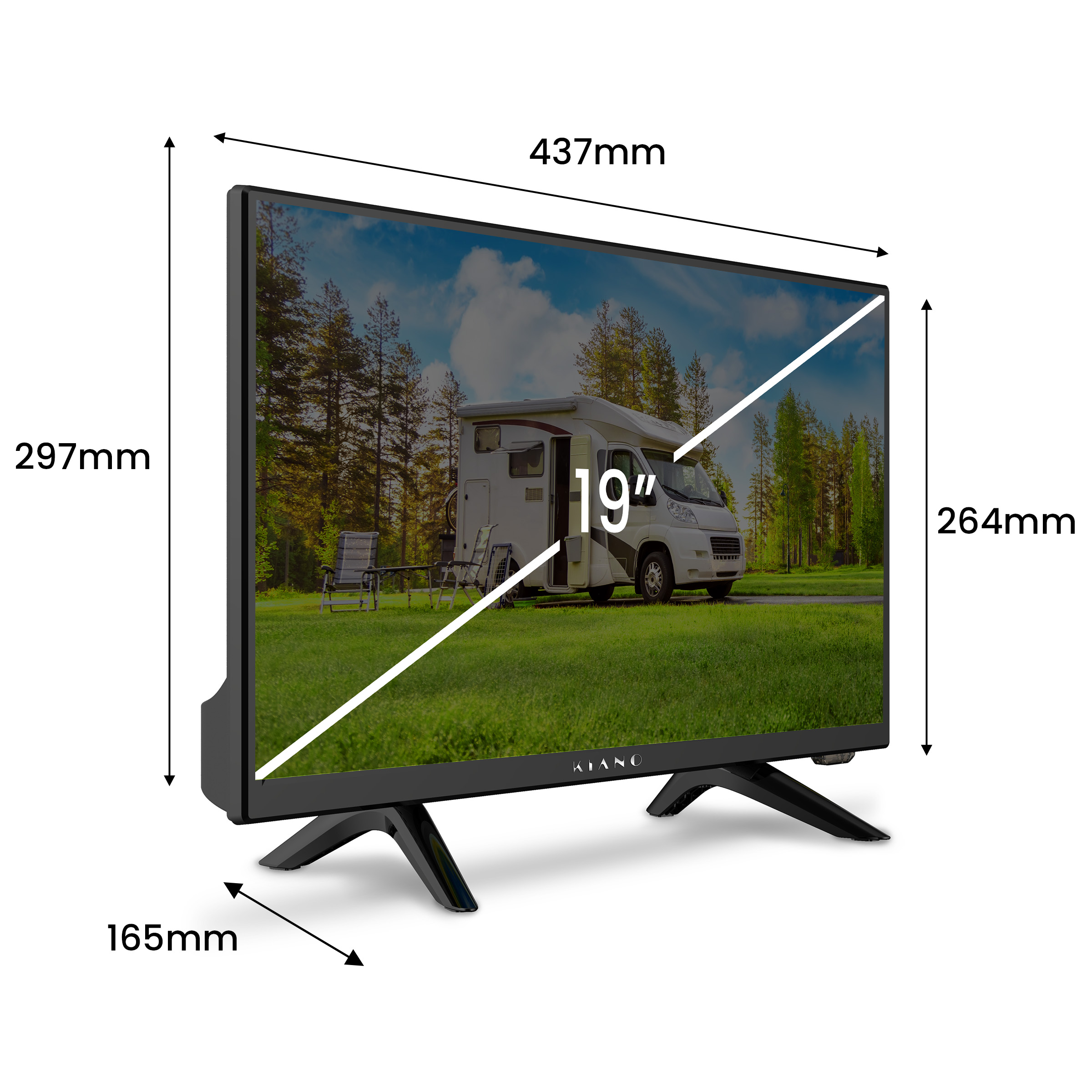 Telewizor 19-calowy wyświetla kampera na trawiastym polu.