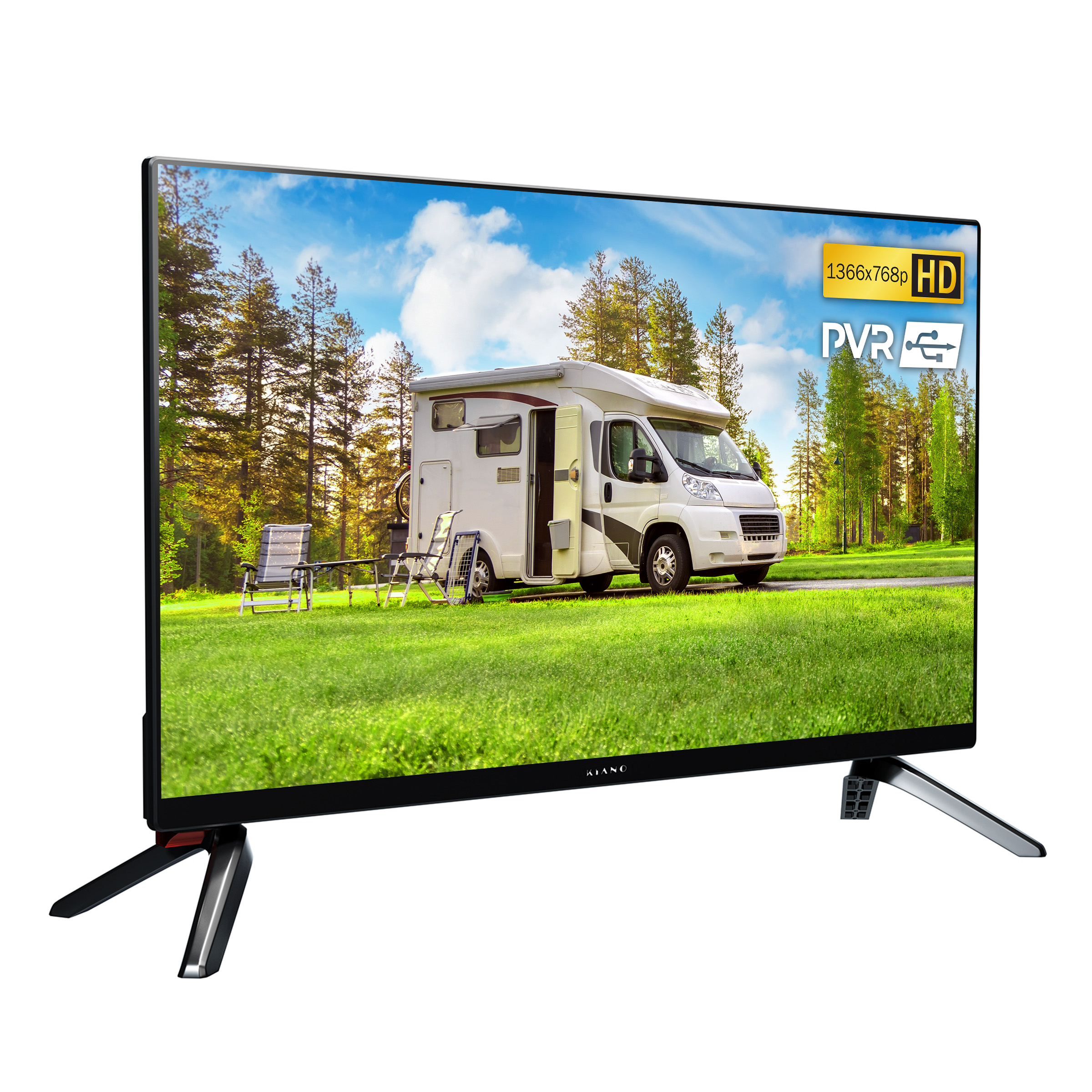 Un televisor muestra una autocaravana en un campo verde con árboles.
