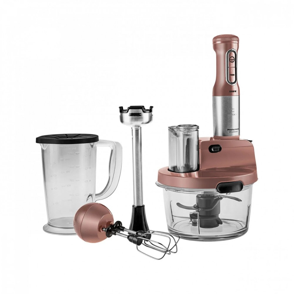 Aksesuarı olan rose gold el blenderı: sürahi, çırpıcı, doğrayıcı.
