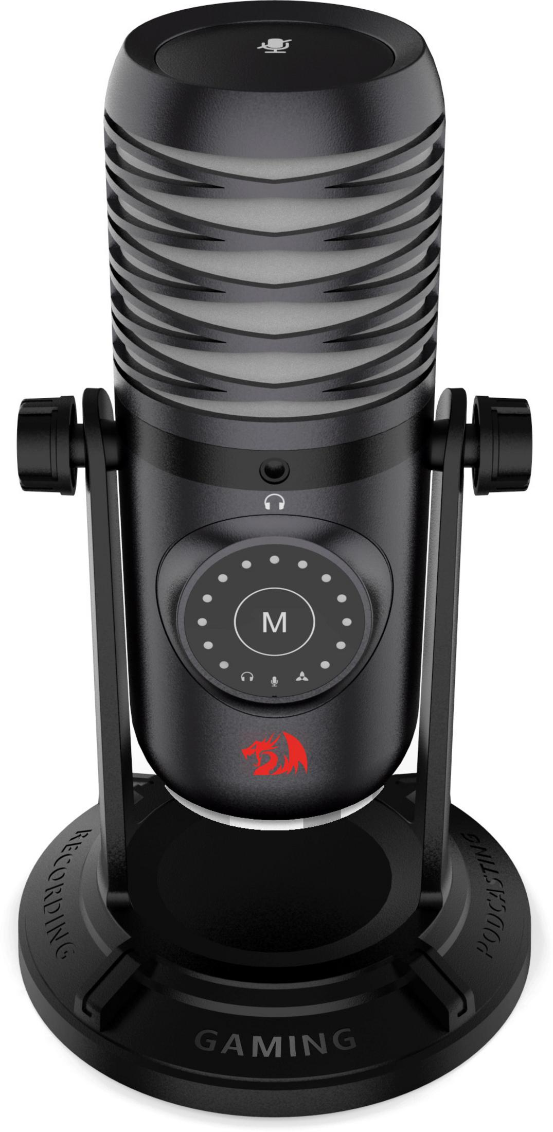 Microfono nero con strisce argentate e logo rosso su supporto.
