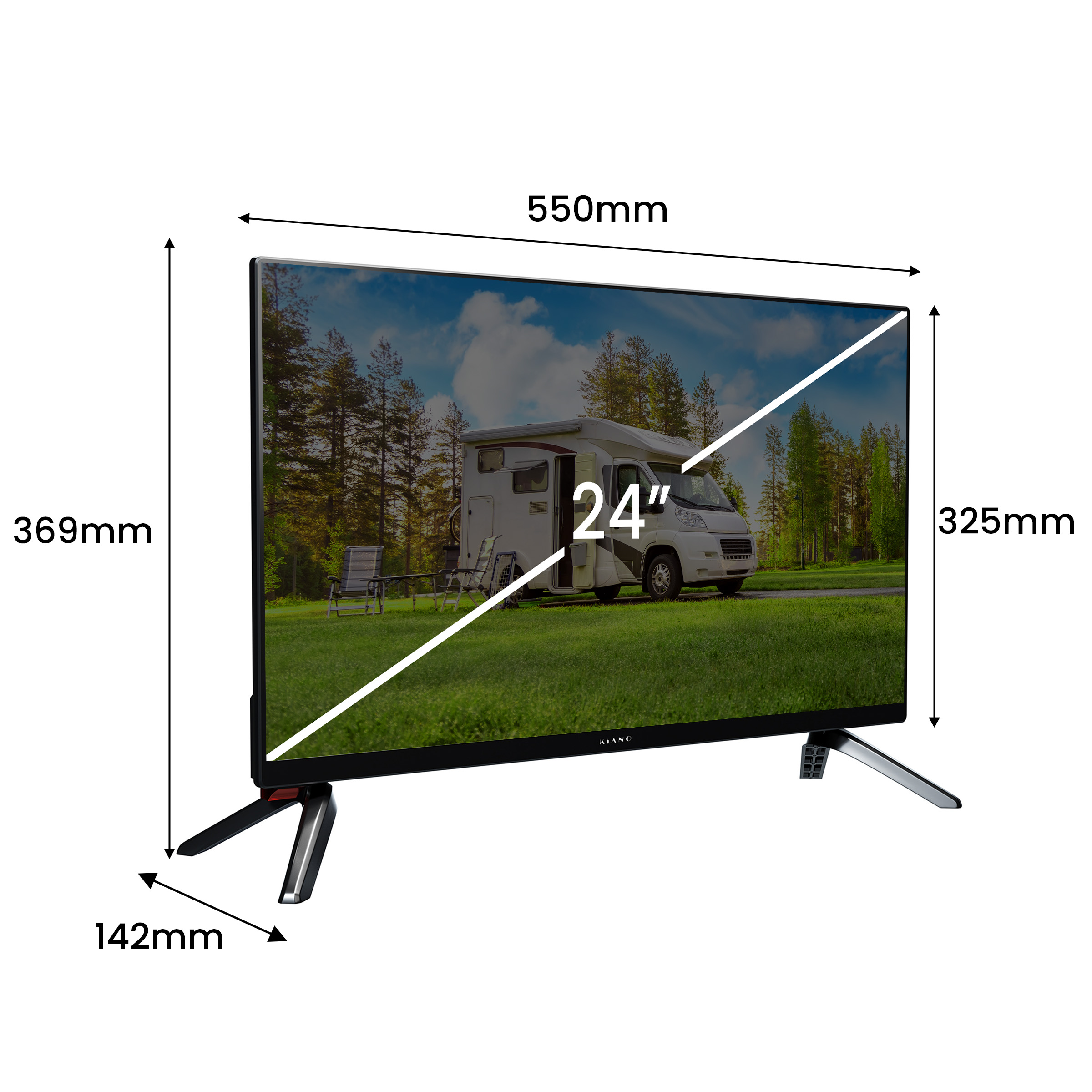 Un televisor de 24 pulgadas muestra una escena de autocaravana, con dimensiones.