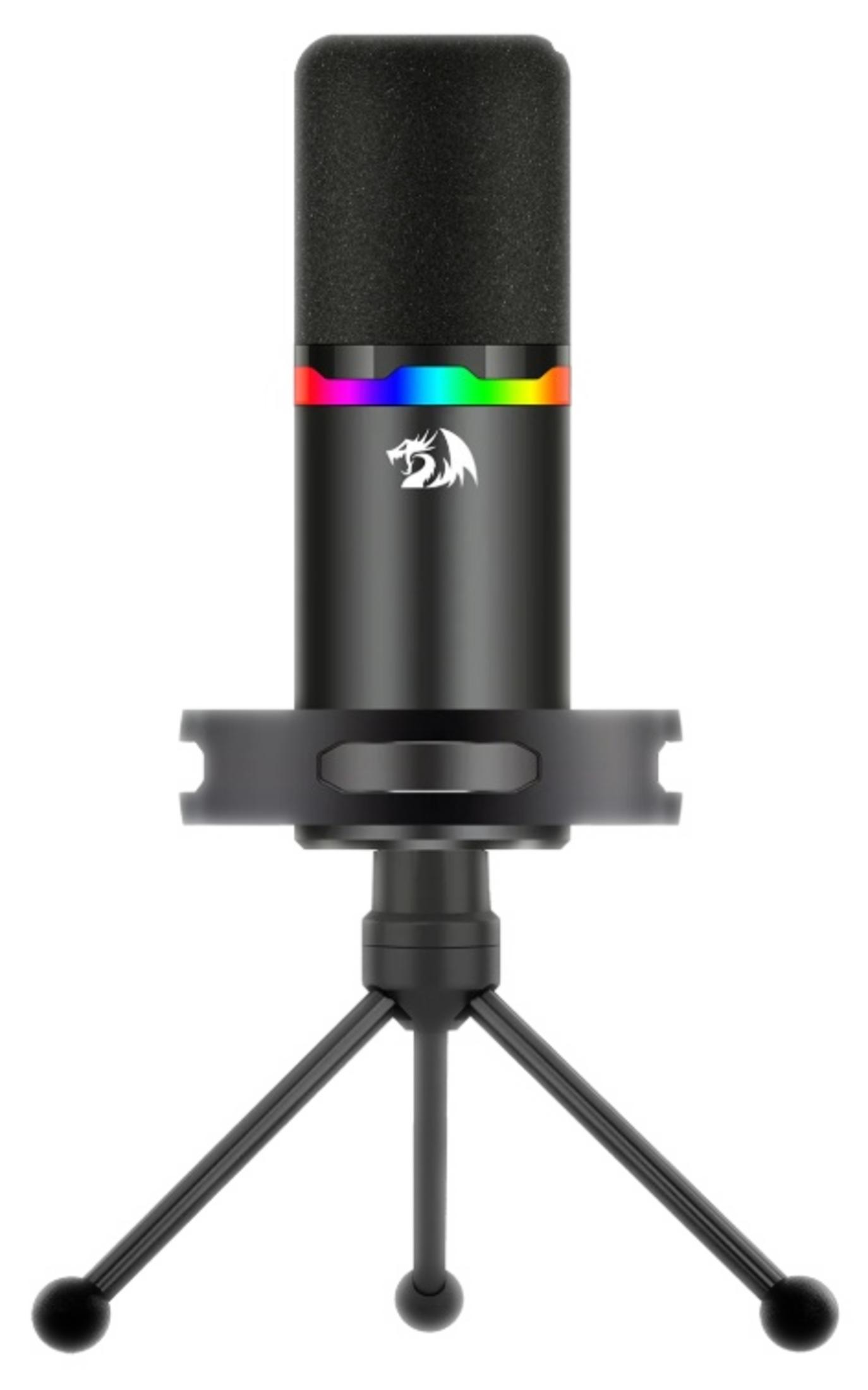 Microfono nero con illuminazione RGB su treppiede.