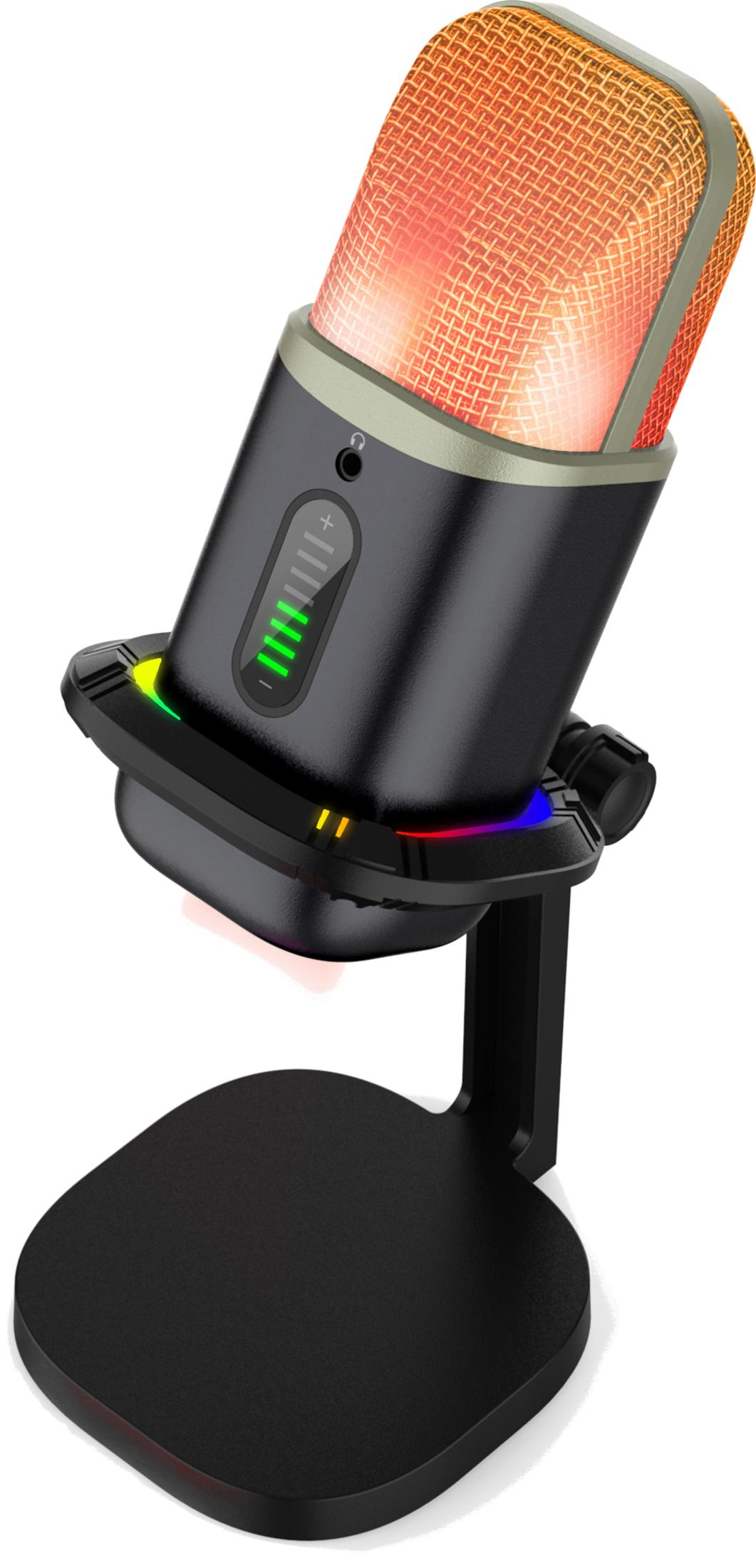 Microfono nero con griglia illuminata e display del volume su supporto.