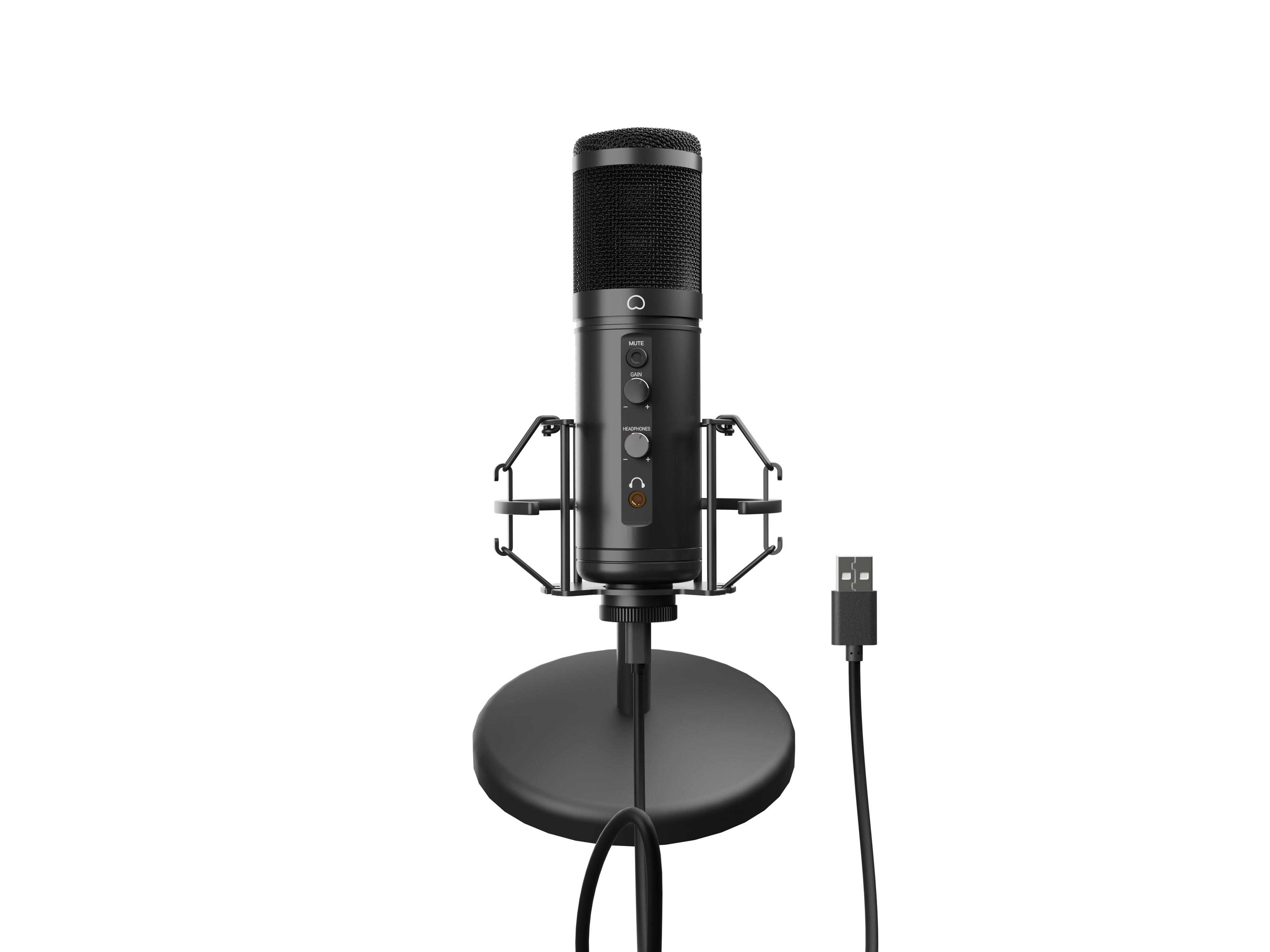 Czarny mikrofon USB na statywie z kablem i złączem USB.