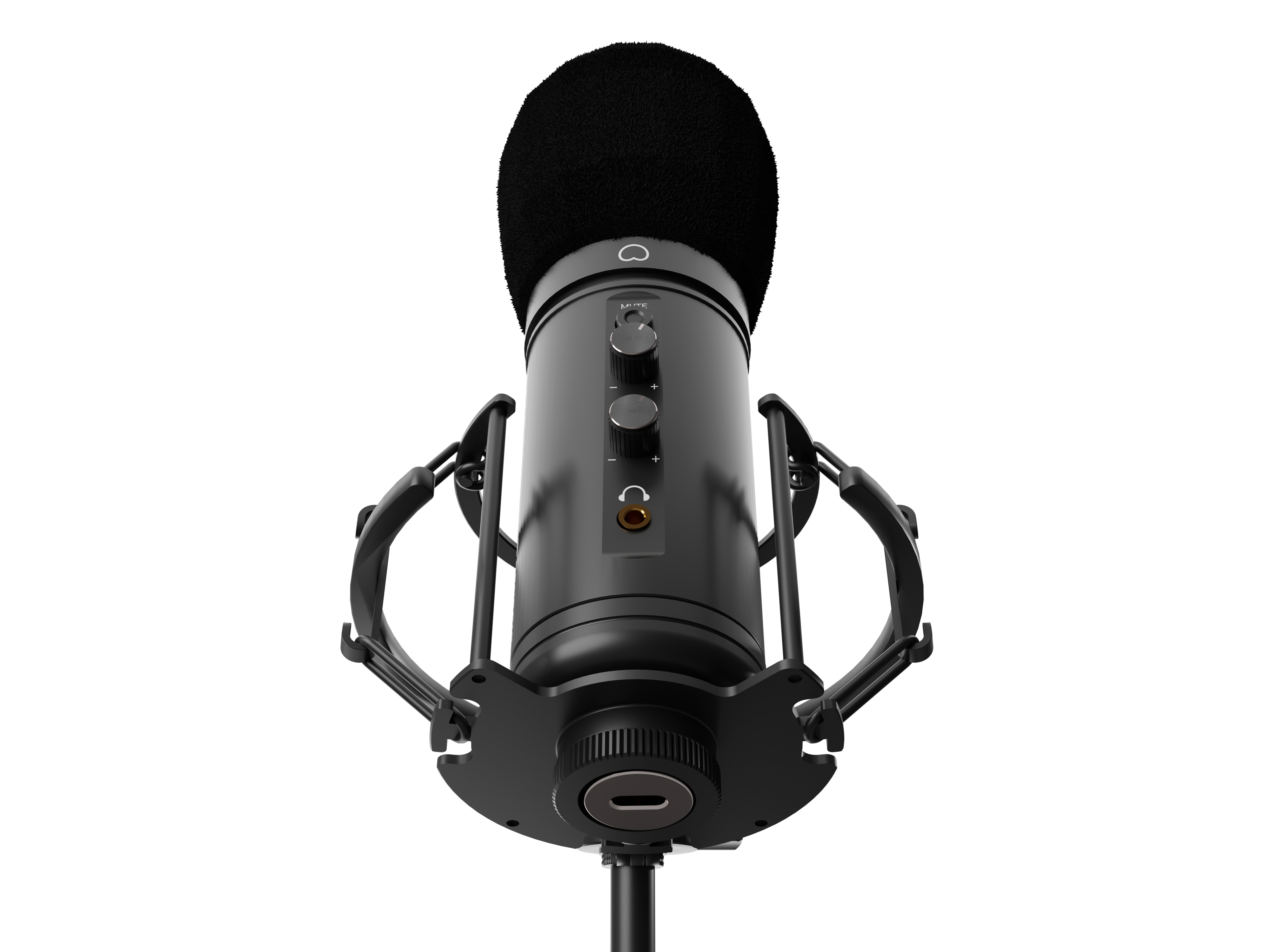 Czarny mikrofon z filtrem pop na statywie. Pokrętła głośności i gniazdo.