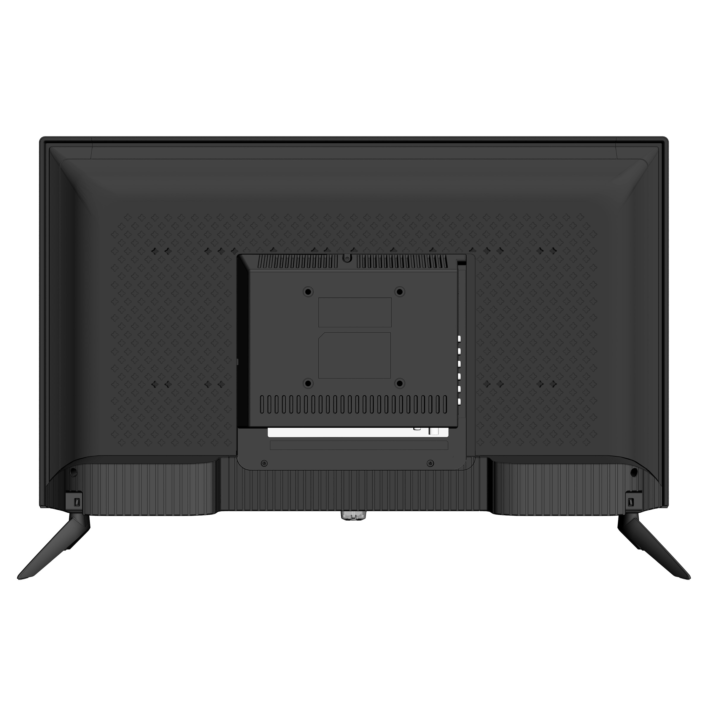 Tył czarnego telewizora z dwoma stojakami, portami i kratką wentylacyjną.