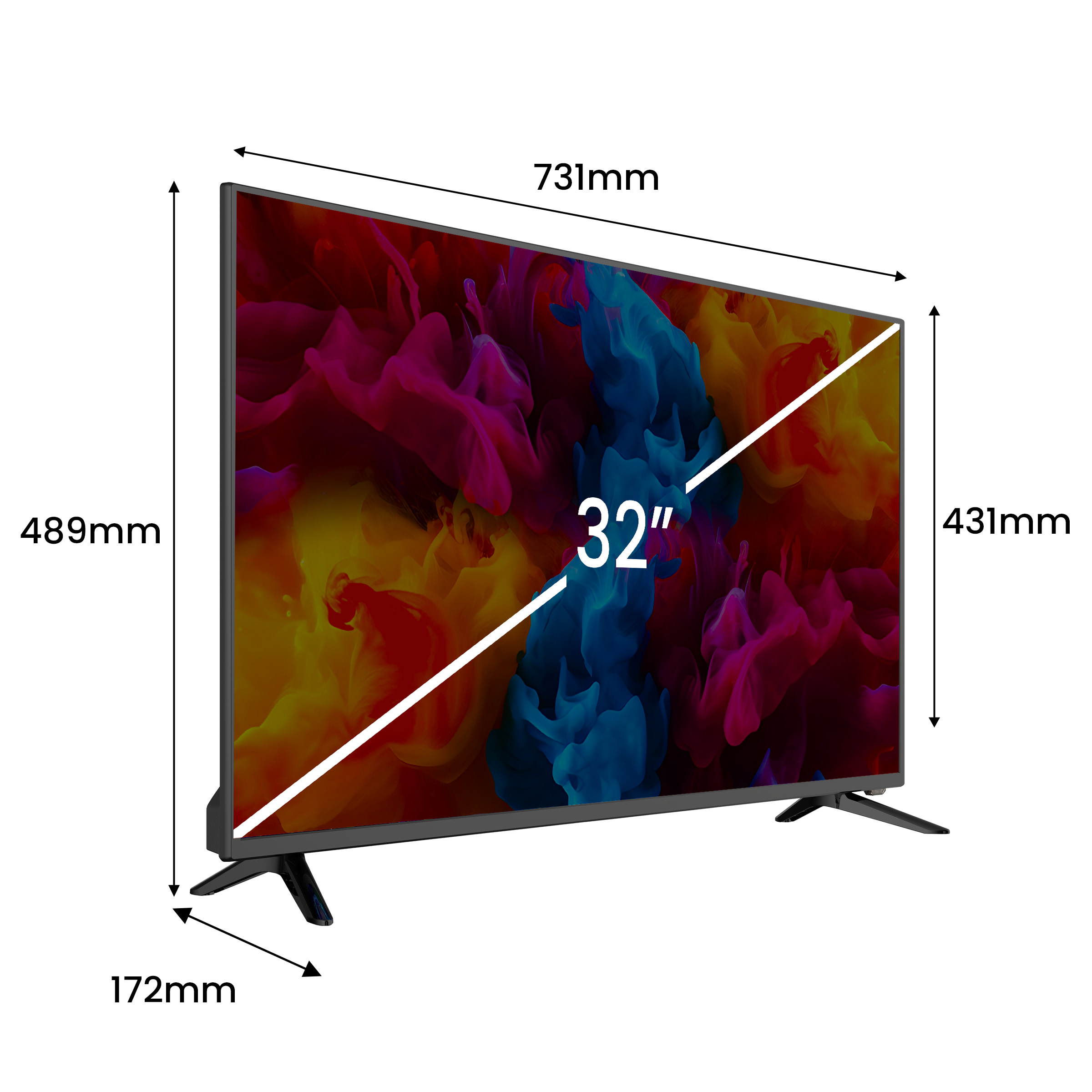 Telewizor 32-calowy z abstrakcyjną kolorową eksplozją na ekranie.