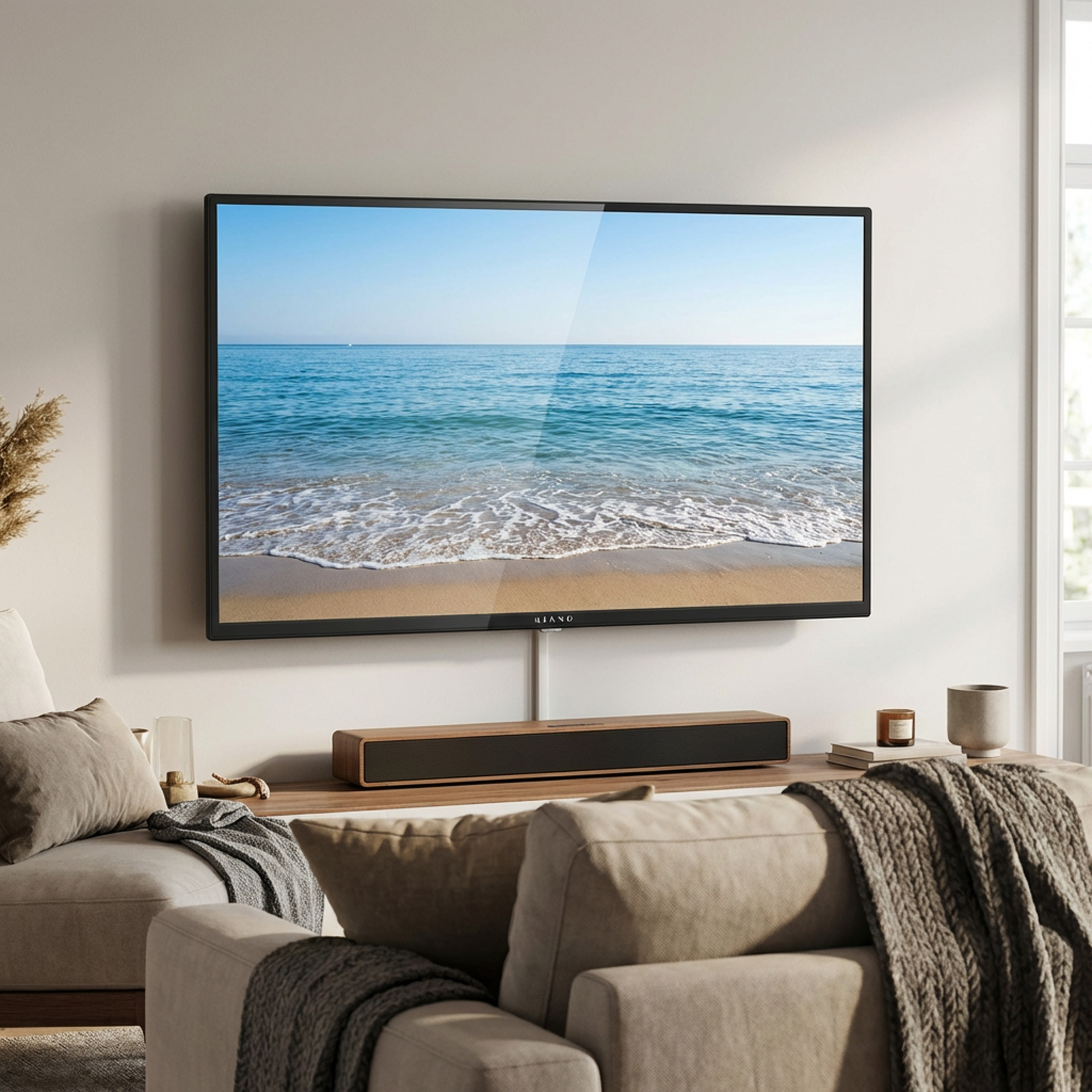 Nowoczesny salon z telewizorem wyświetlającym scenę plażową. Widoczna sofa i stolik.