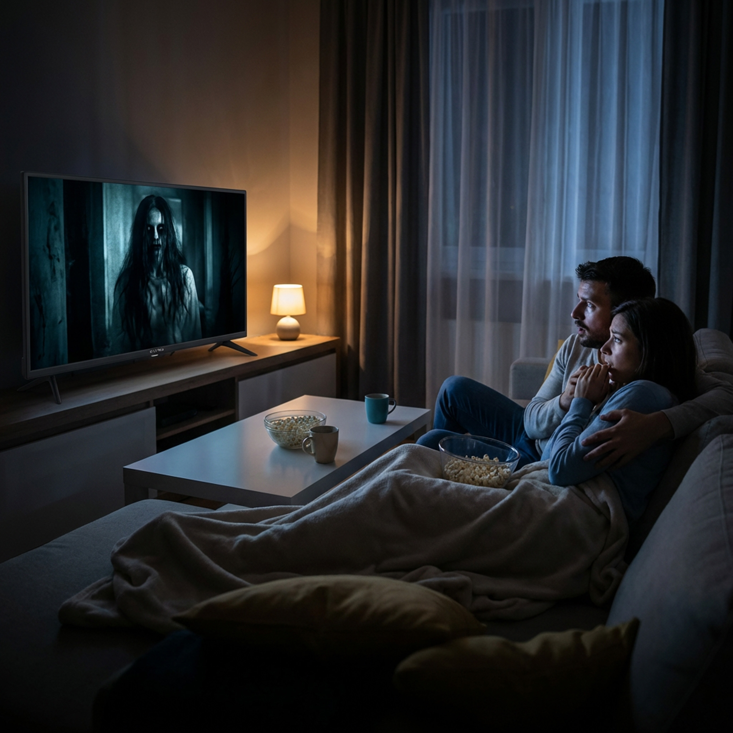 Para z lękiem ogląda przerażający film na telewizorze.