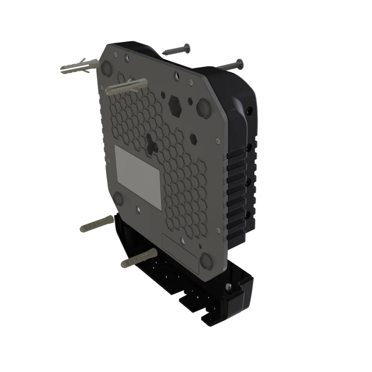 Tył czarnego urządzenia z szarą płytą, śrubami i kołkami.