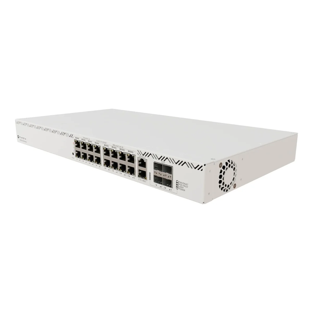 Uno switch di rete bianco con molte porte e una ventola sul lato.