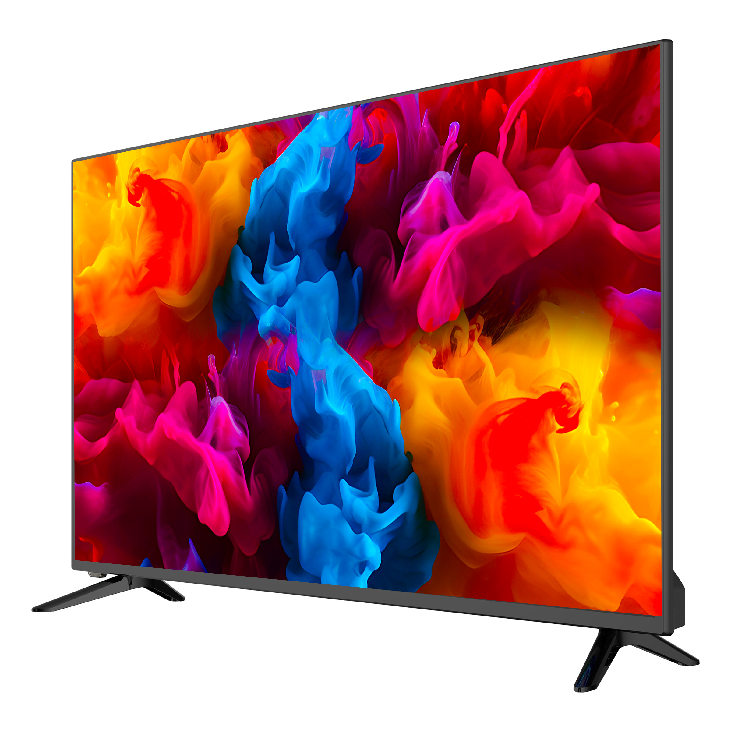 Un televisore moderno che mostra un'immagine astratta vibrante e colorata.