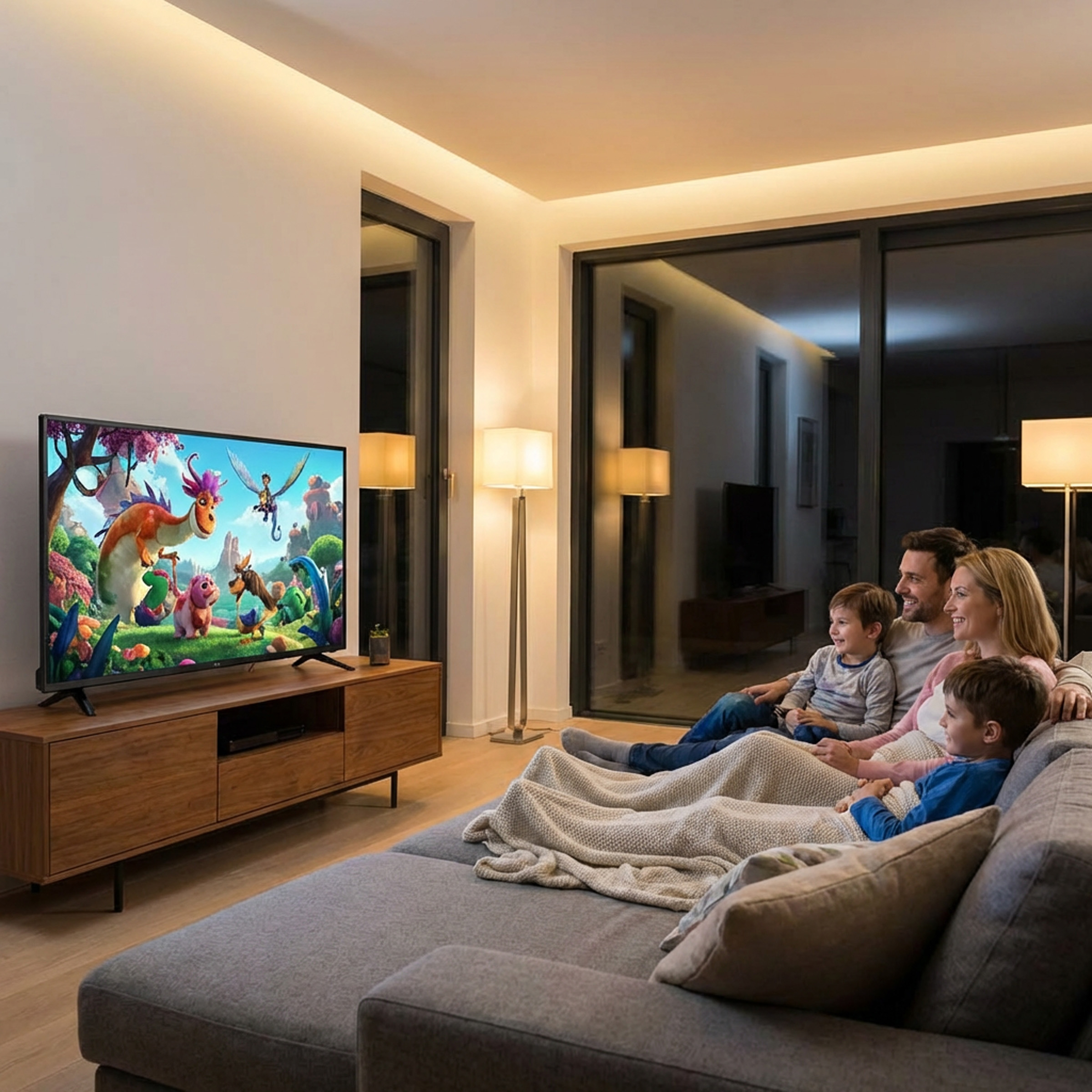 Una famiglia guarda un cartone animato in TV in un soggiorno accogliente.