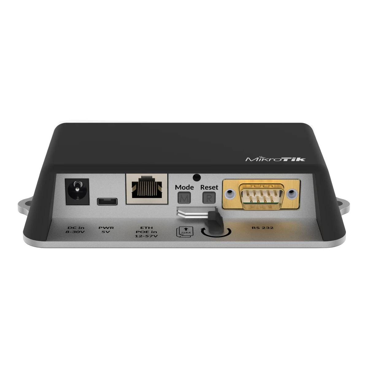 Dispositivo MikroTik con porte DC in, PWR, ETH/POE in, RS 232, Mode e Reset.