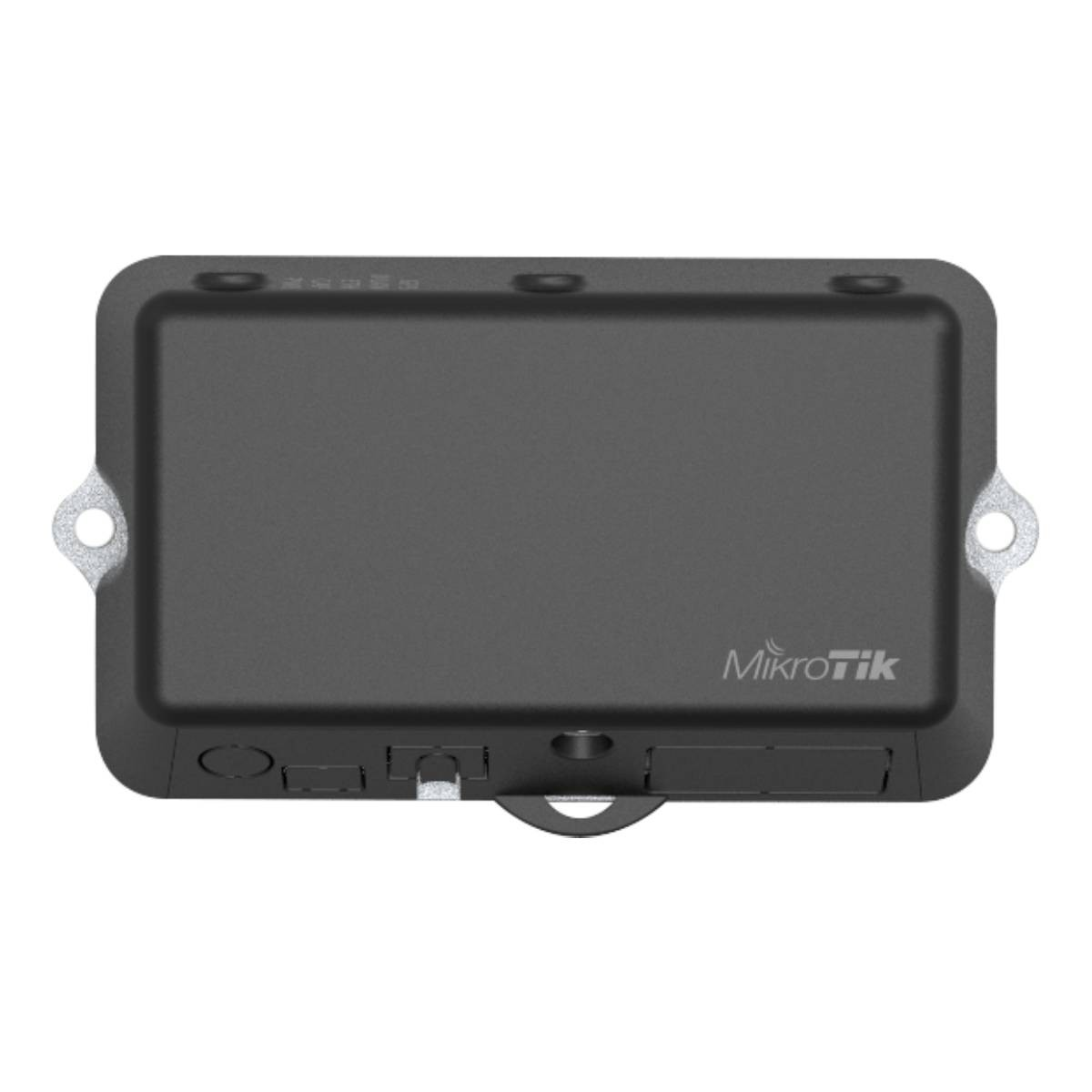 Dispositivo Mikrotik grigio con porte e fori di montaggio.