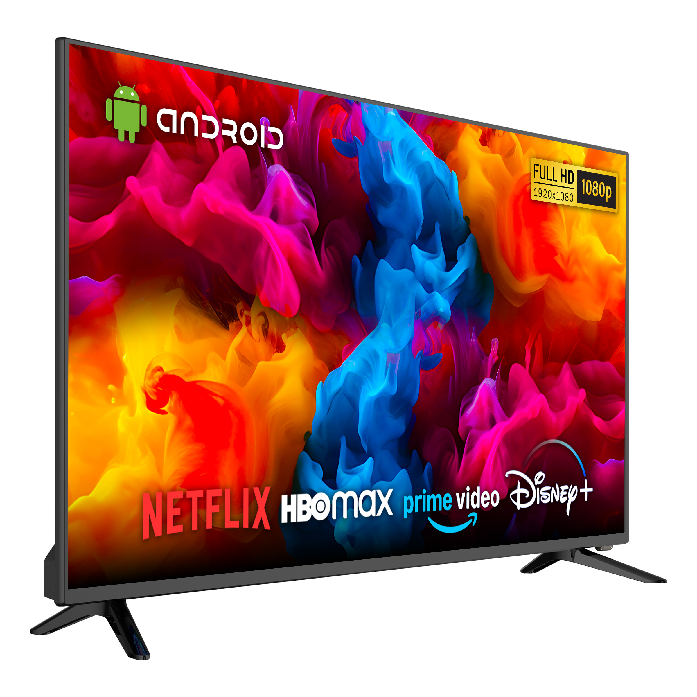 Telewizor z logo Android, Full HD i usługami streamingowymi.