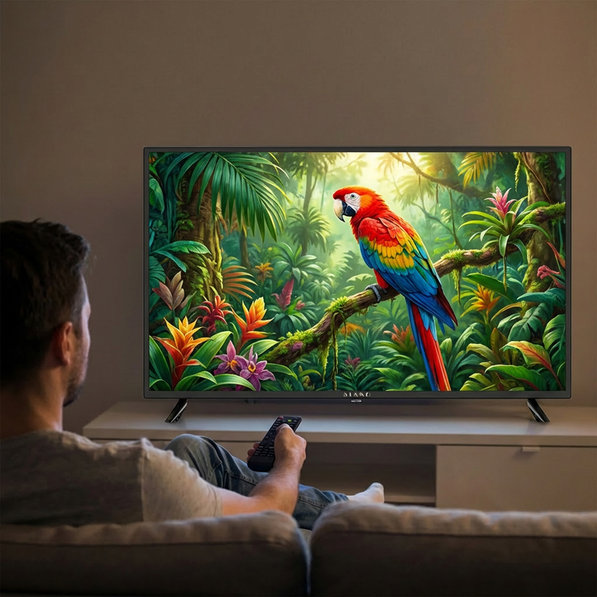 Mężczyzna siedzi na kanapie, oglądając telewizor z arą w dżungli.