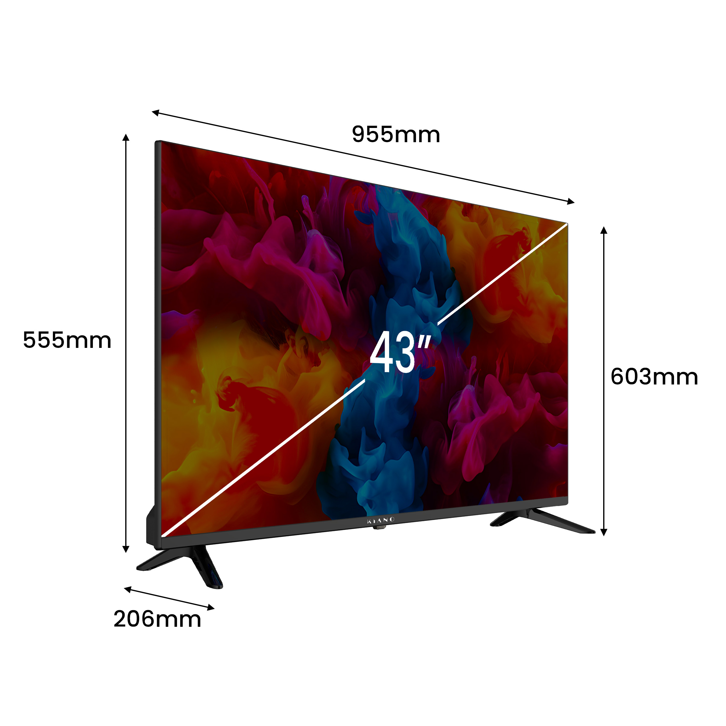 Ein 43-Zoll-Fernseher mit abstrakter bunter Rauch-Grafik und Maßen.
