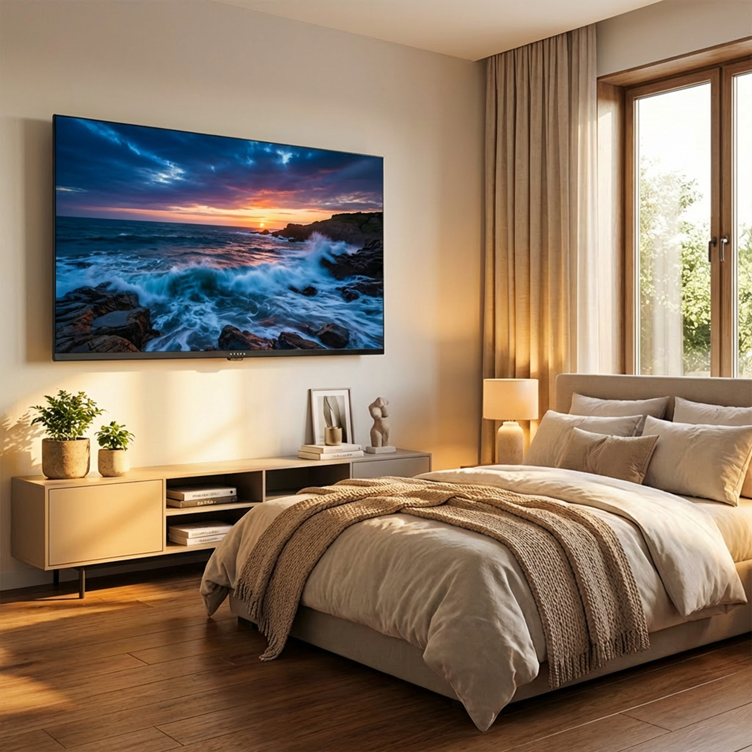 Ein Schlafzimmer mit einem großen Bett, einem Fernseher, der eine Küstenlandschaft zeigt.