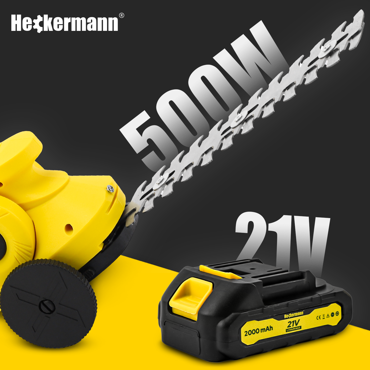 Żółta piła łańcuchowa Heckermann 500W, bateria 21V i osłona ostrza.
