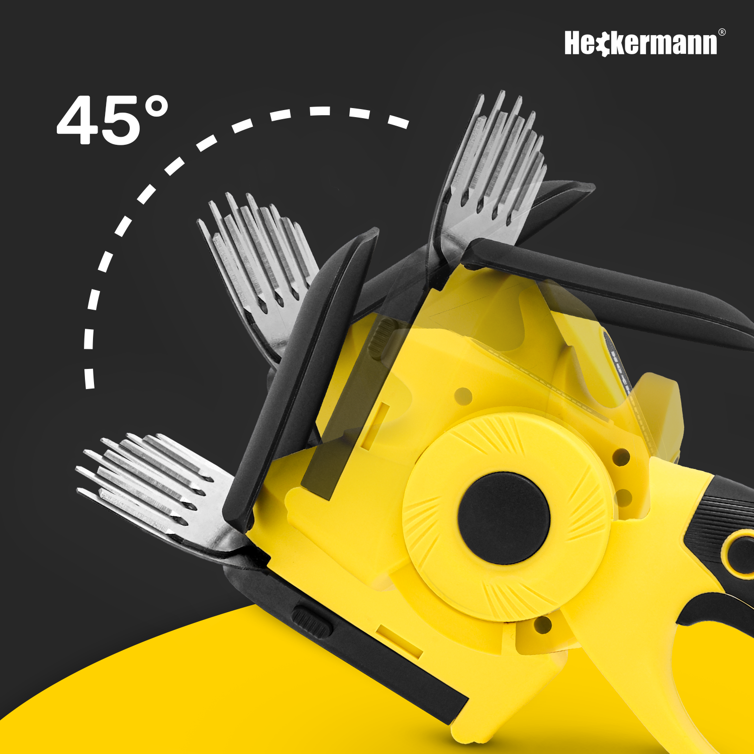 Żółte narzędzie z oznaczeniem 45 stopni i ostrzem. Logo Heckermann u góry.