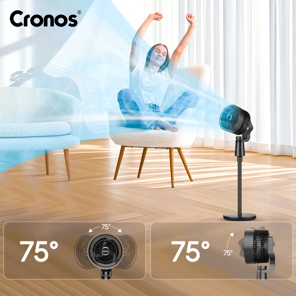 Kobieta relaksuje się na krześle, a wentylator dmucha chłodnym powietrzem.