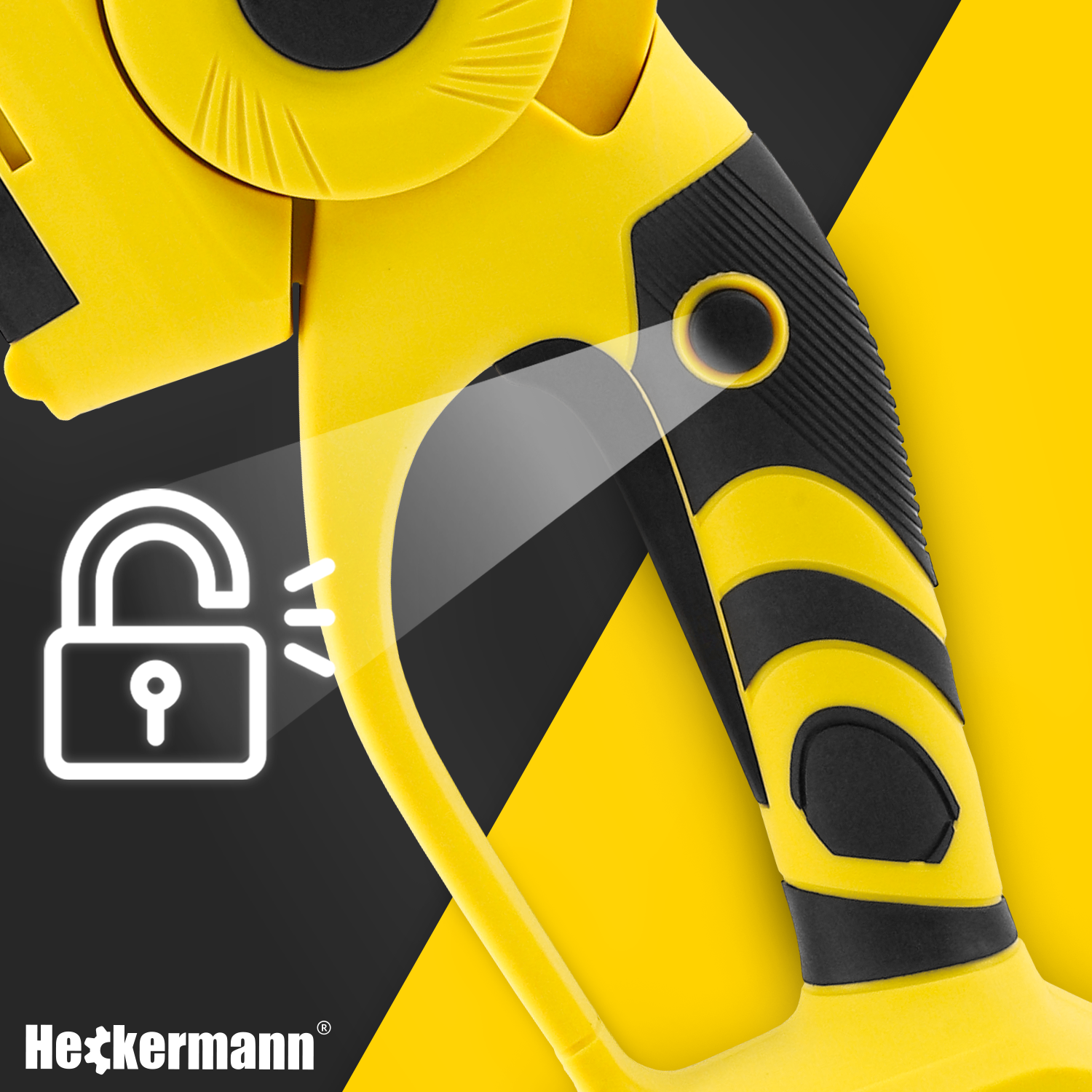 Żółte narzędzie z czarnym uchwytem, lupą i ikoną kłódki.