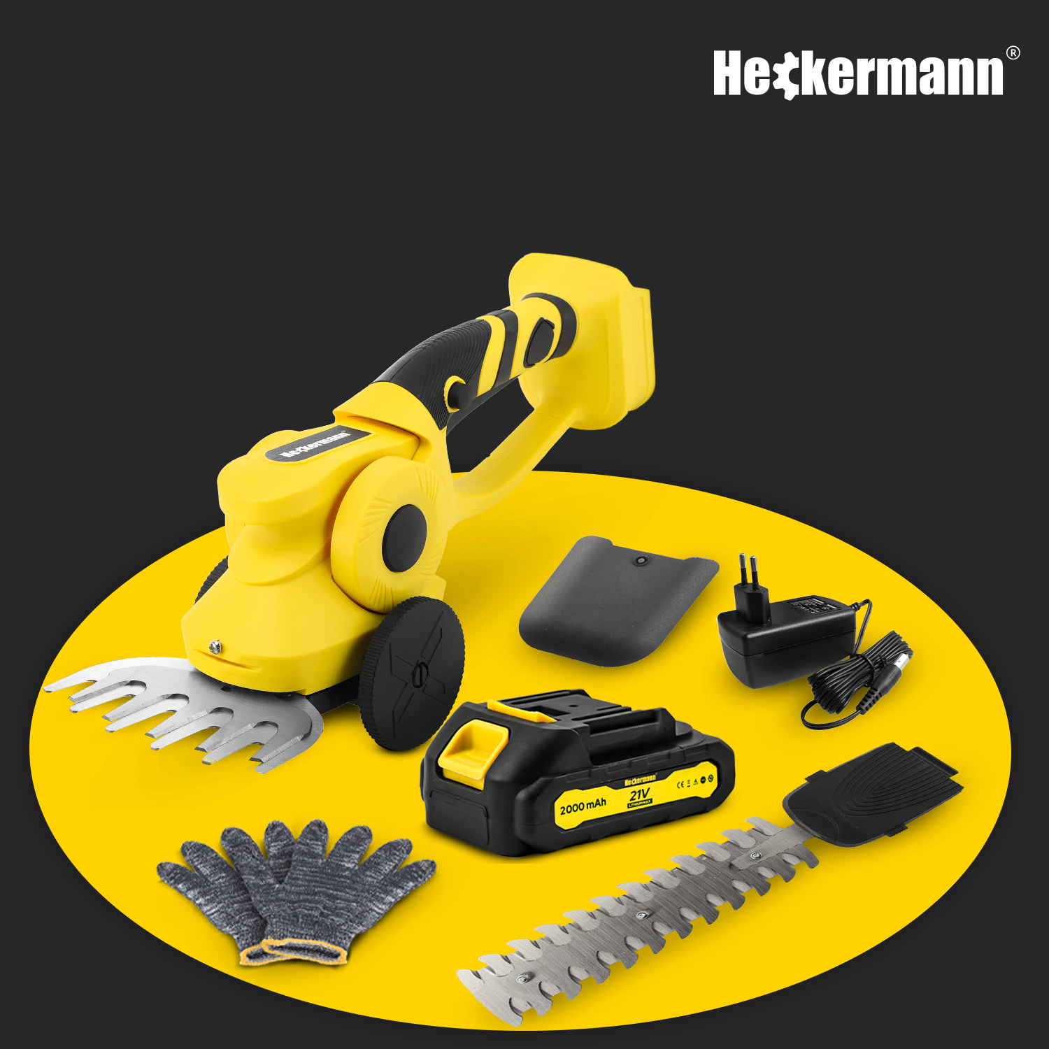 Żółta przycinarka Heckermann z akcesoriami: akumulator, ładowarka, rękawice, ostrza.