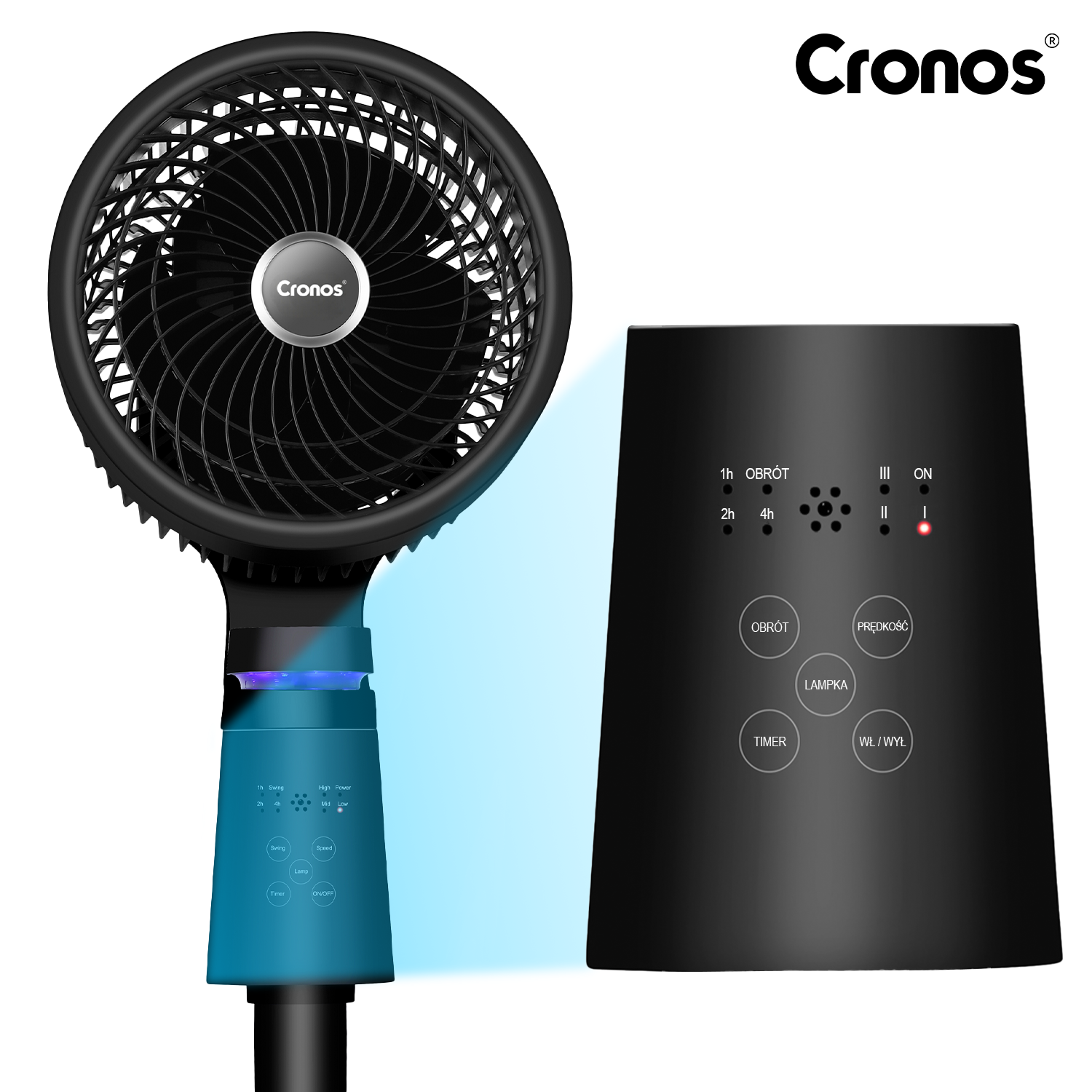 Czarny wentylator Cronos z pilotem i niebieskim podświetleniem.