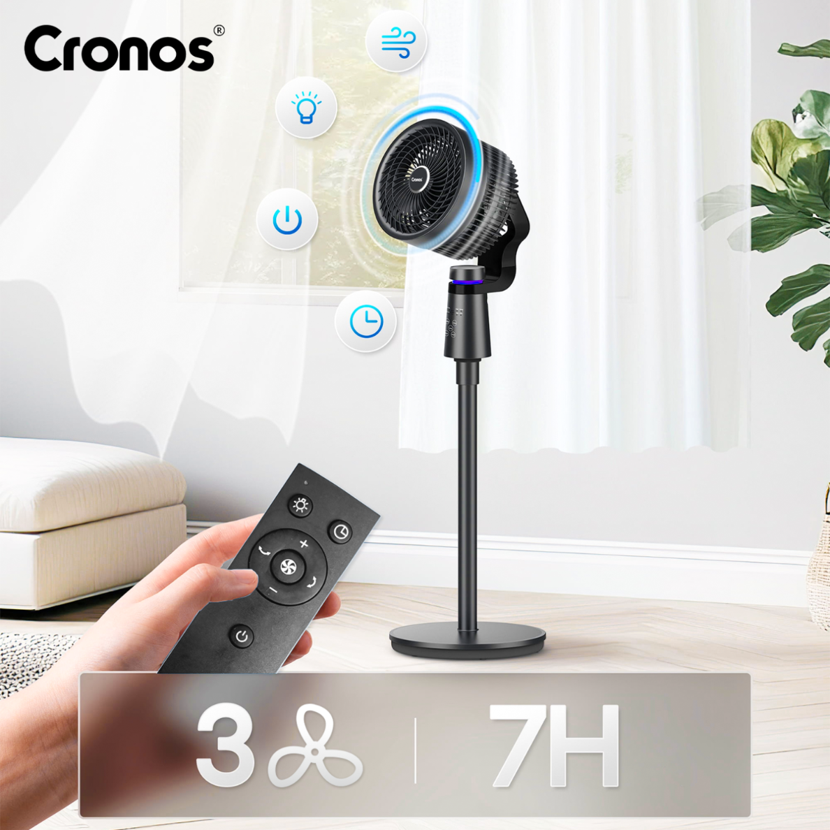 Nowoczesny, czarny wentylator stojący z pilotem i ikonami ustawień.