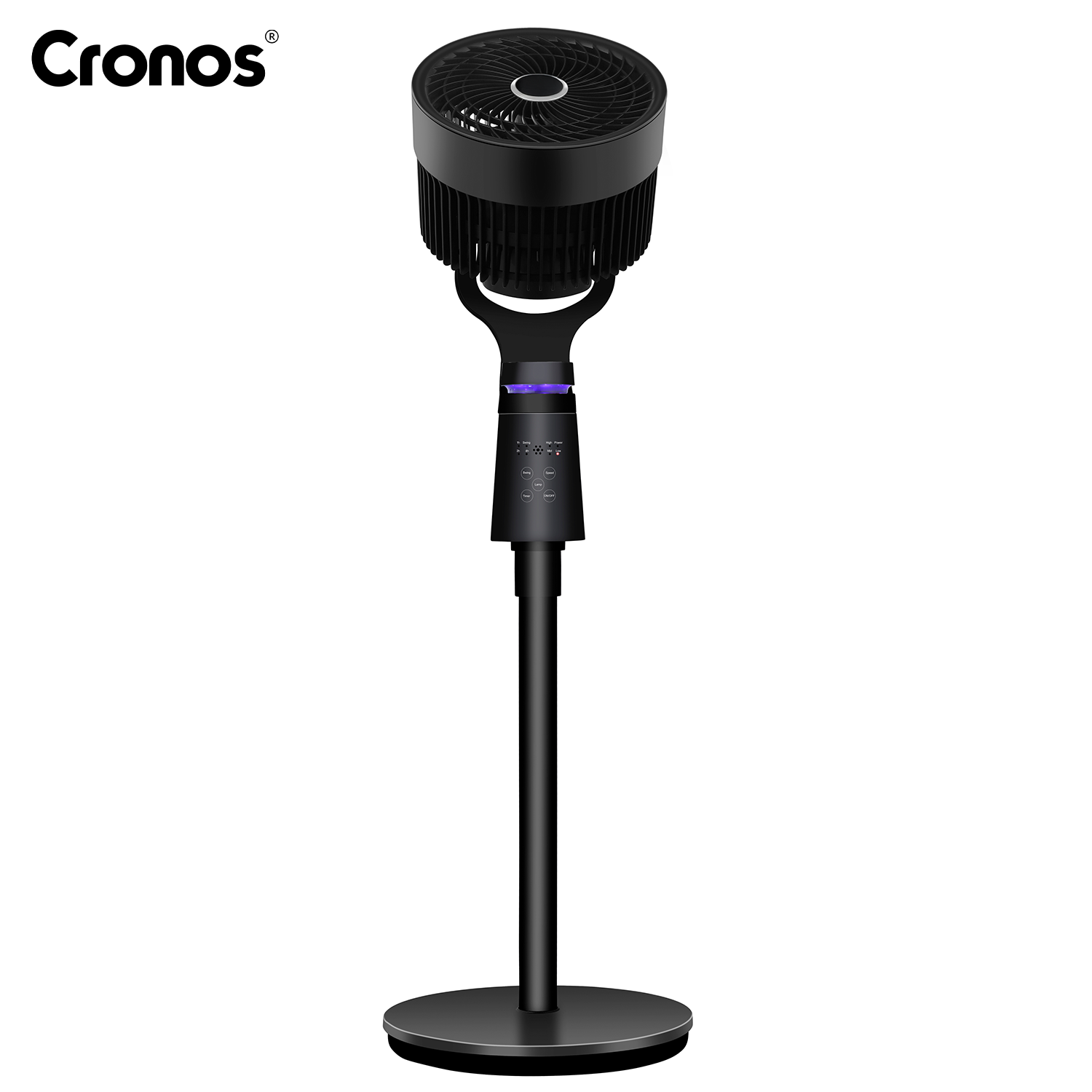 Czarny wentylator stojący z okrągłą podstawą i panelem sterowania.