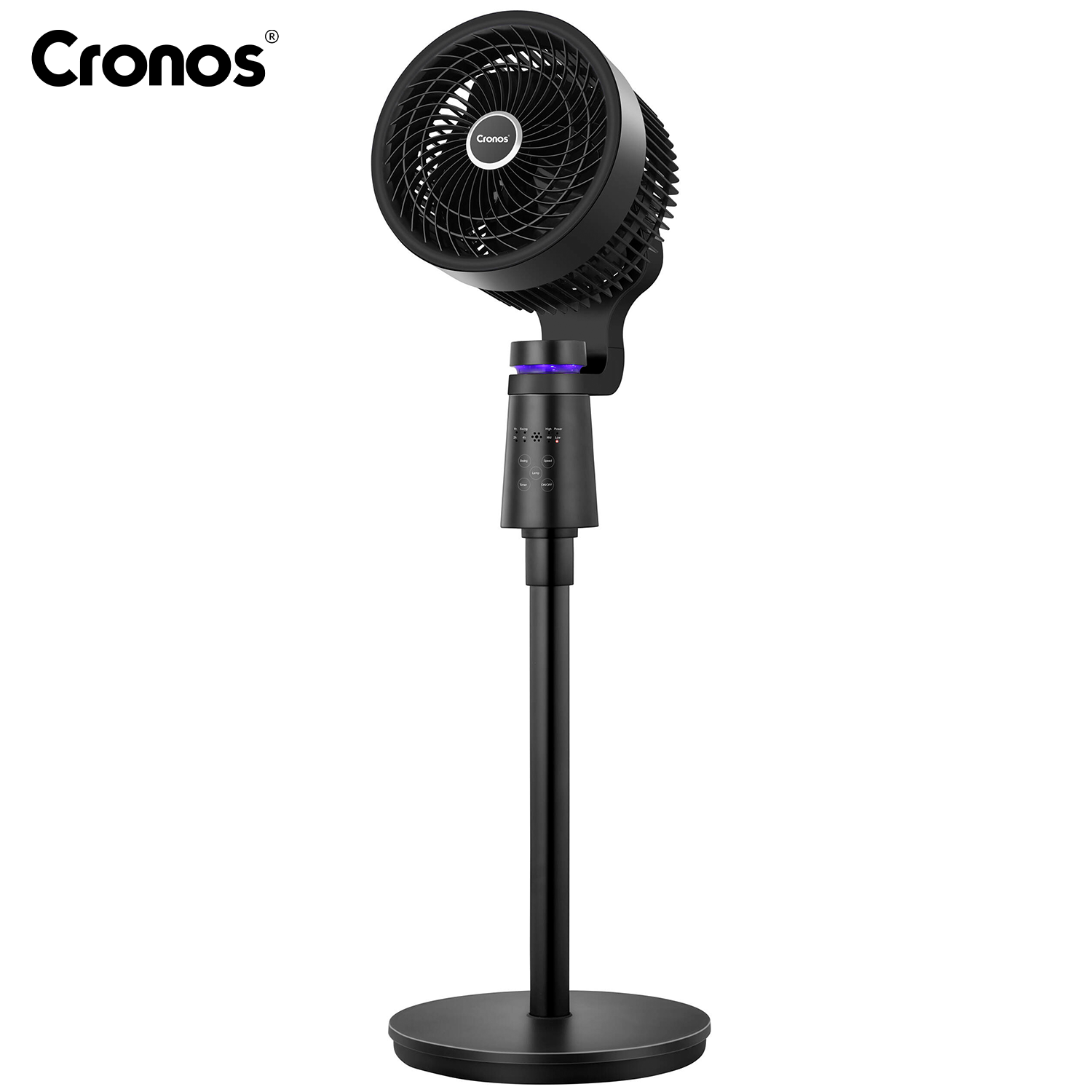 Czarny wentylator stojący marki Cronos z niebieskim światłem na panelu sterowania.