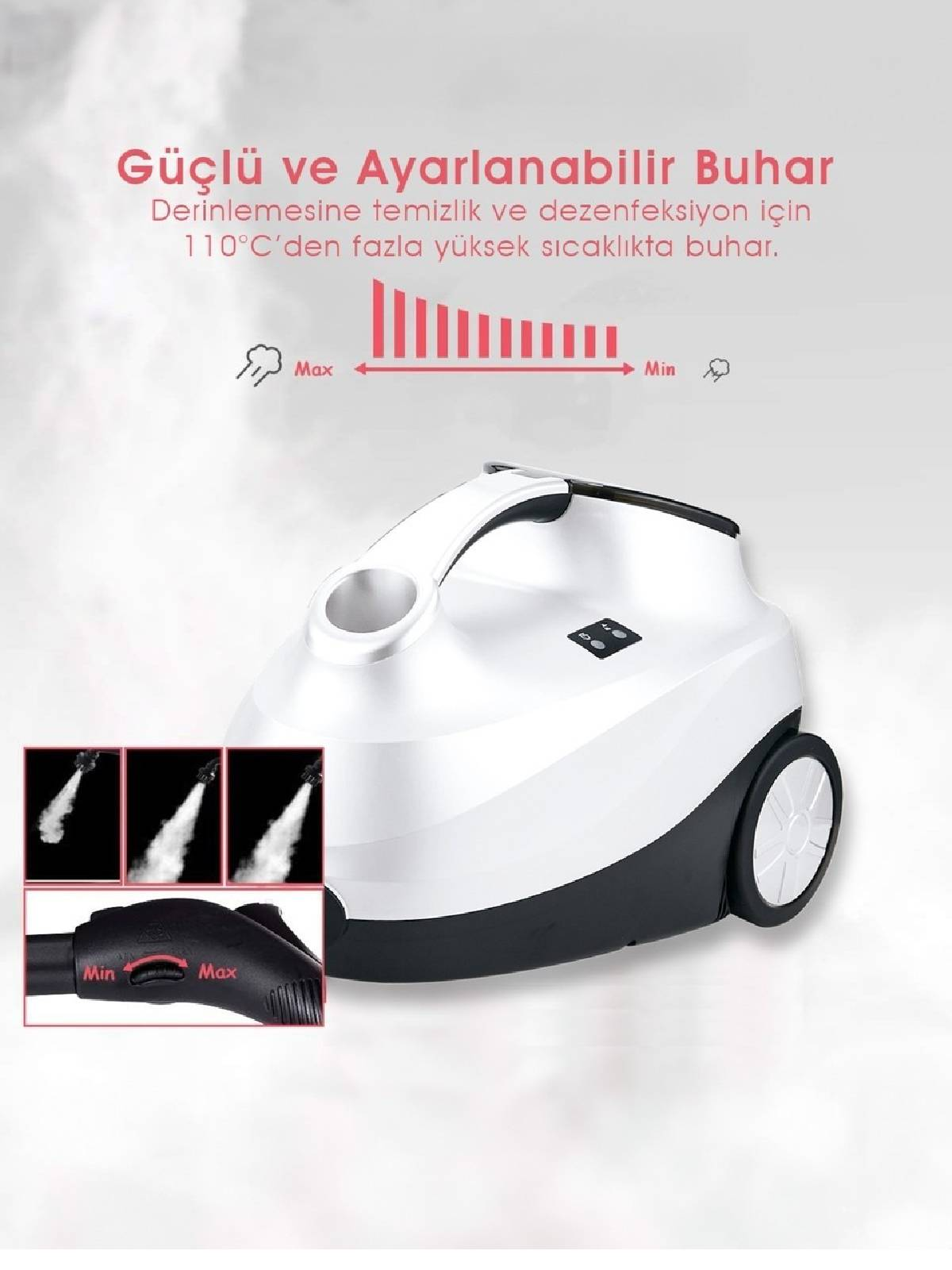 Tekerlekli ve tutamaklı beyaz buharlı temizleyici. Buhar ve kontrol göstergeleri.