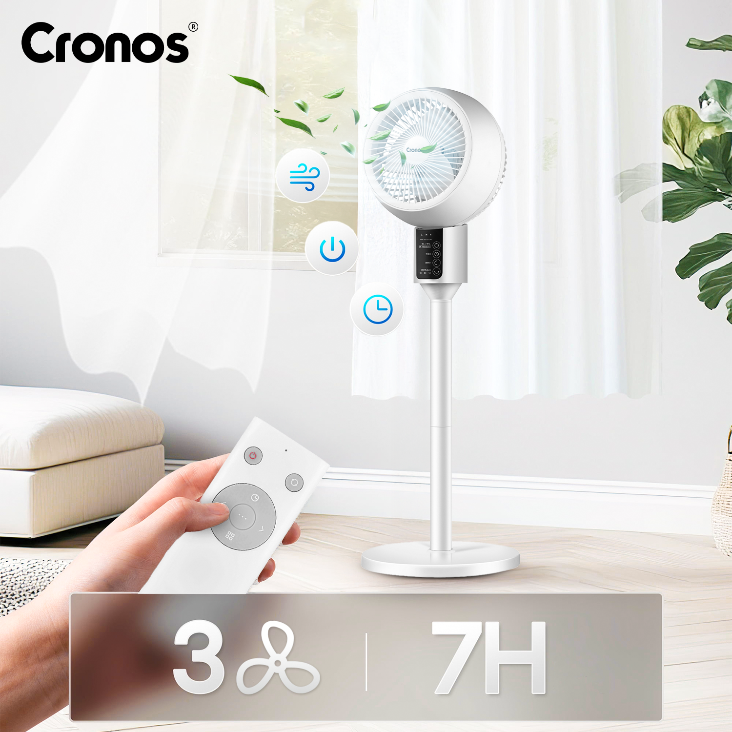 Biały wentylator stojący z pilotem i ikonami wiatru, włączania/wyłączania, timera.