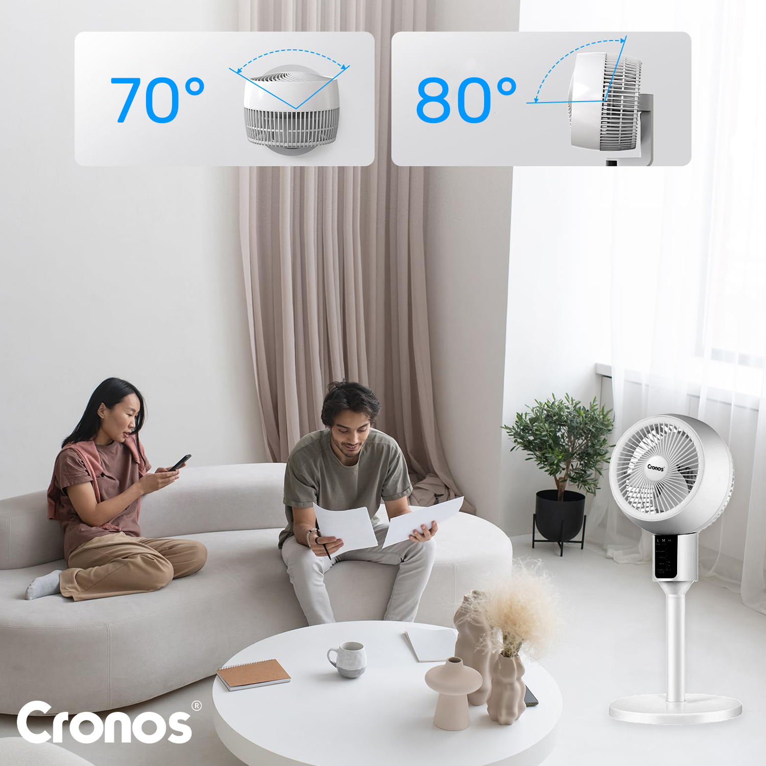 Biały wentylator z zakresem oscylacji 70° i 80°. Ludzie siedzą na kanapie.