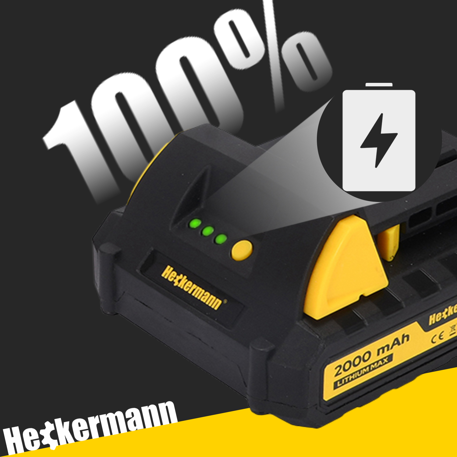 Czarna bateria z żółtymi akcentami, naładowana w 100%, z ikoną błyskawicy.