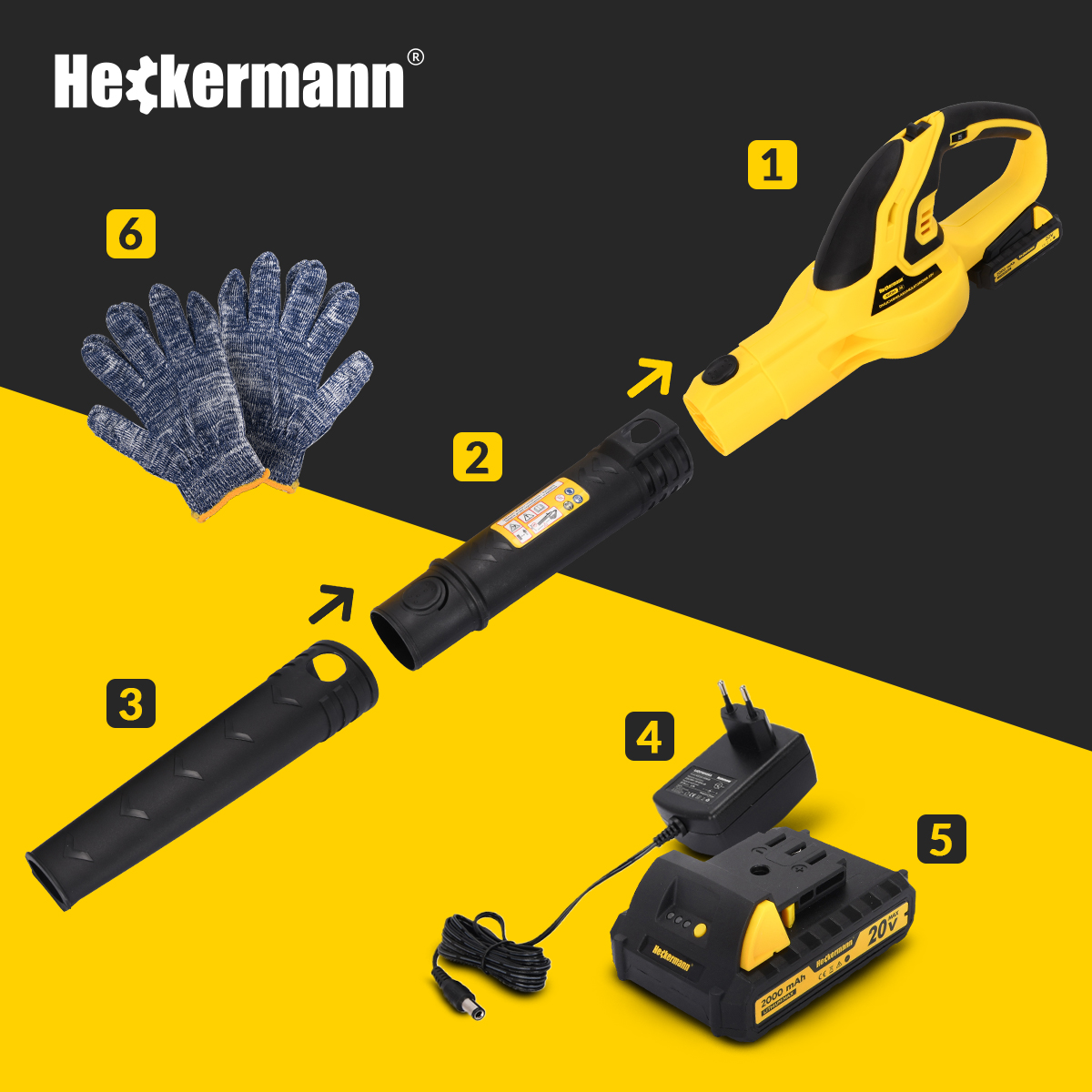 Żółta dmuchawa, czarny wąż, rękawice, akumulator i ładowarka są pokazane.