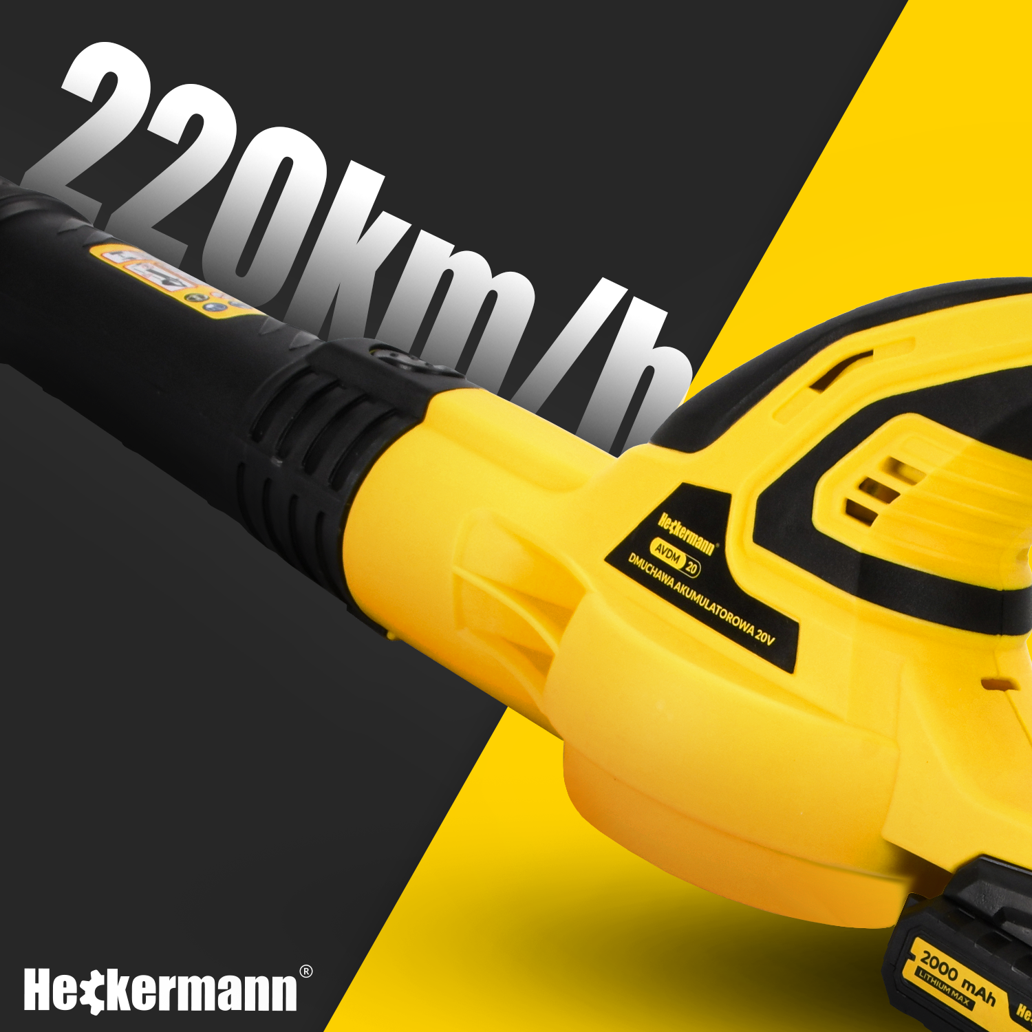 Żółta dmuchawa z czarnym uchwytem, 220 km/h, 20V.