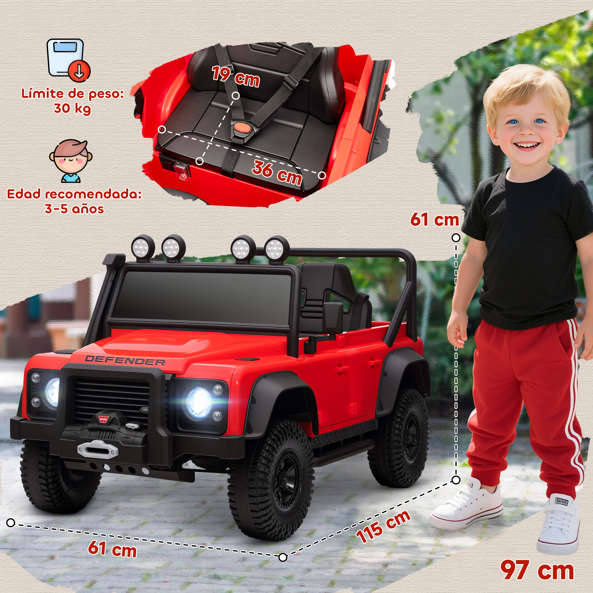 Un coche de juguete rojo con un niño sonriente al lado. Se muestran las dimensiones.