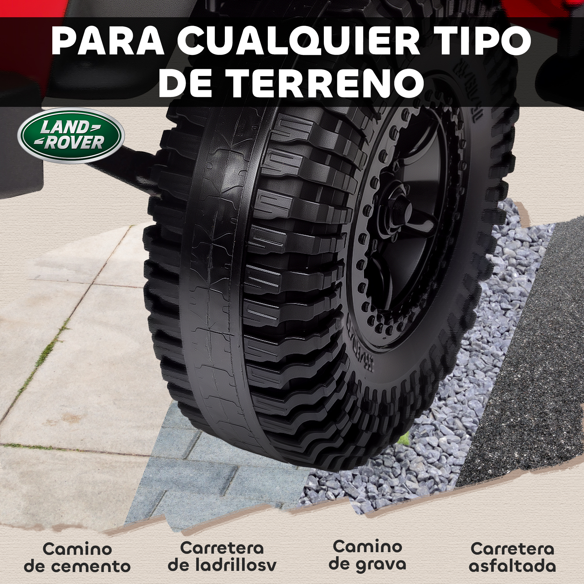 Un neumático con el logo de Land Rover sobre cemento, grava y asfalto.
