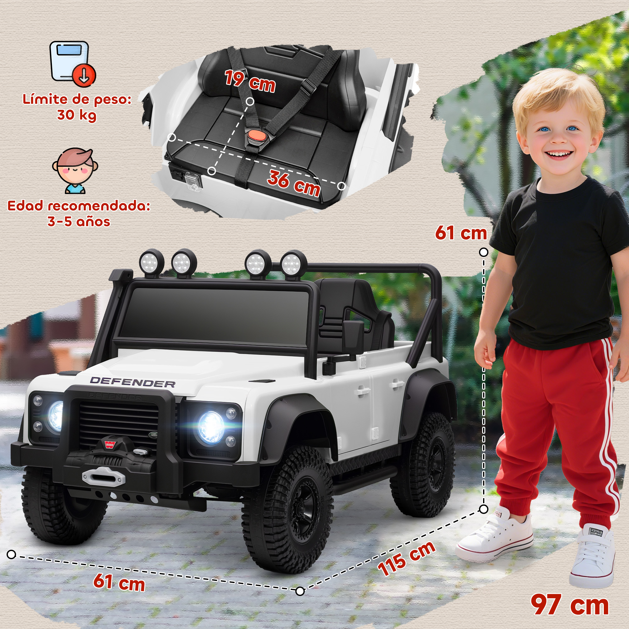 Un niño junto a un coche eléctrico blanco. Se muestran las dimensiones.