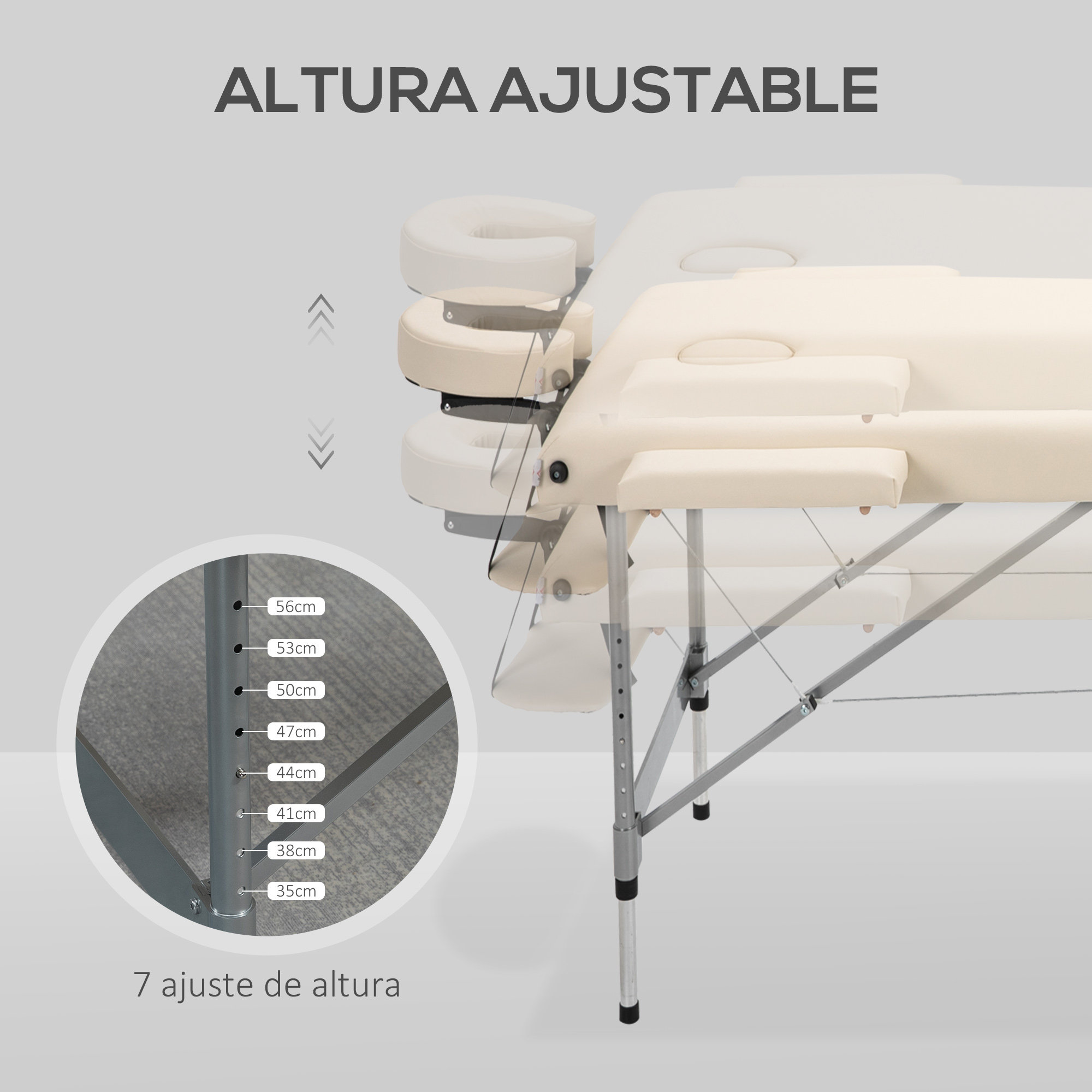 Mesa de masaje ajustable con escala de altura. Acolchado beige, marco metálico.