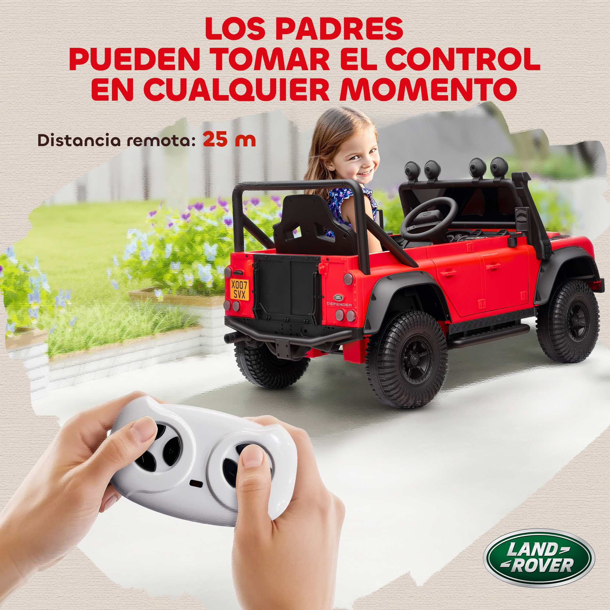 Un coche de juguete rojo con una niña y un mando a distancia.