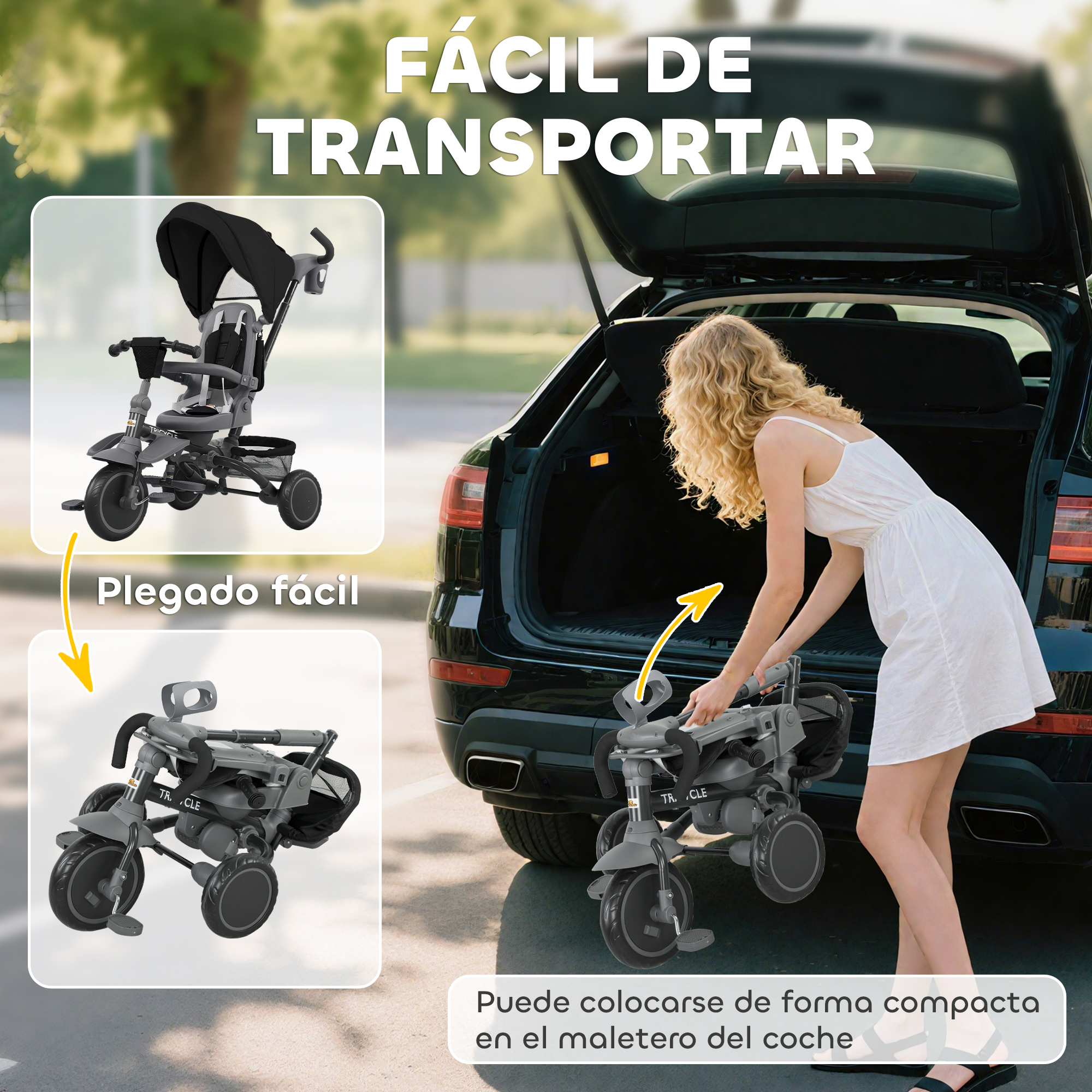 Una mujer pliega un triciclo gris en el maletero de un coche. Es fácil de transportar.