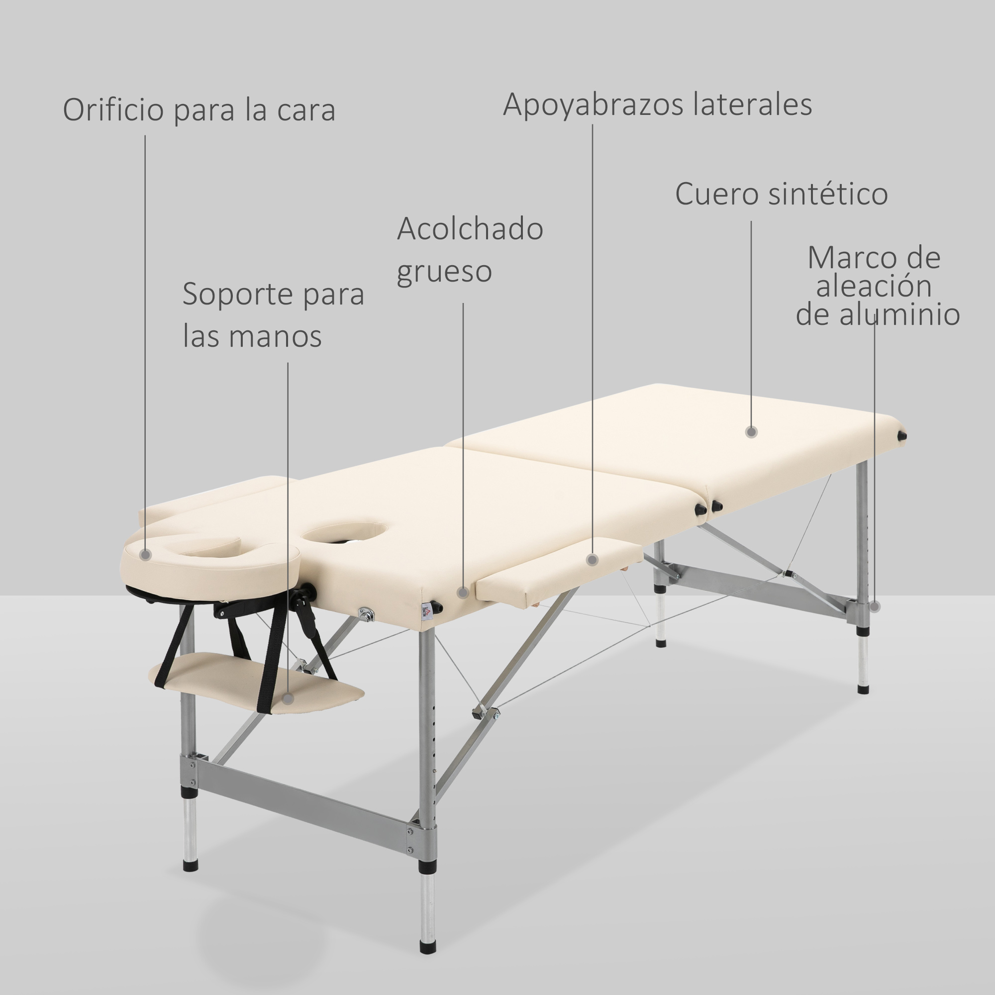 Una camilla de masaje beige con marco de aluminio, patas ajustables y reposacabezas.