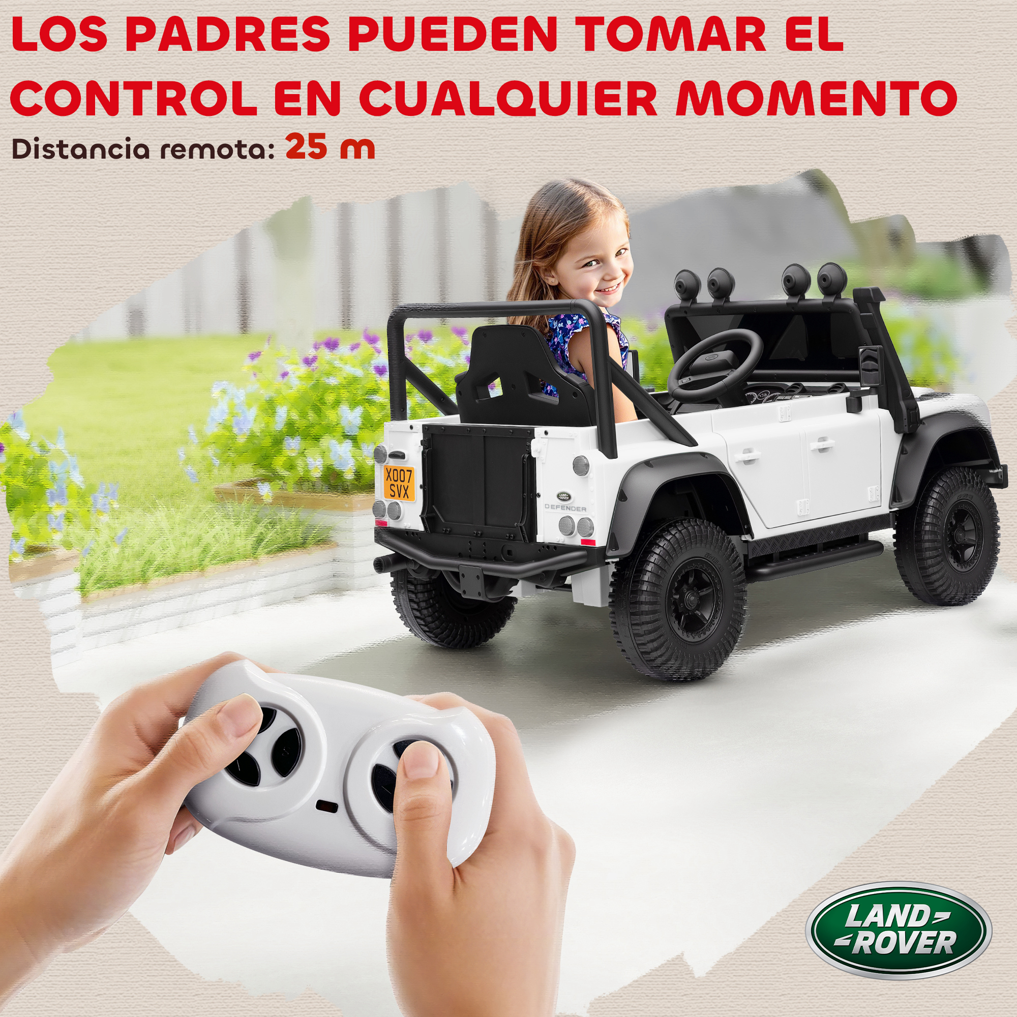Un coche blanco a control remoto con una niña dentro es controlado por manos con un mando.