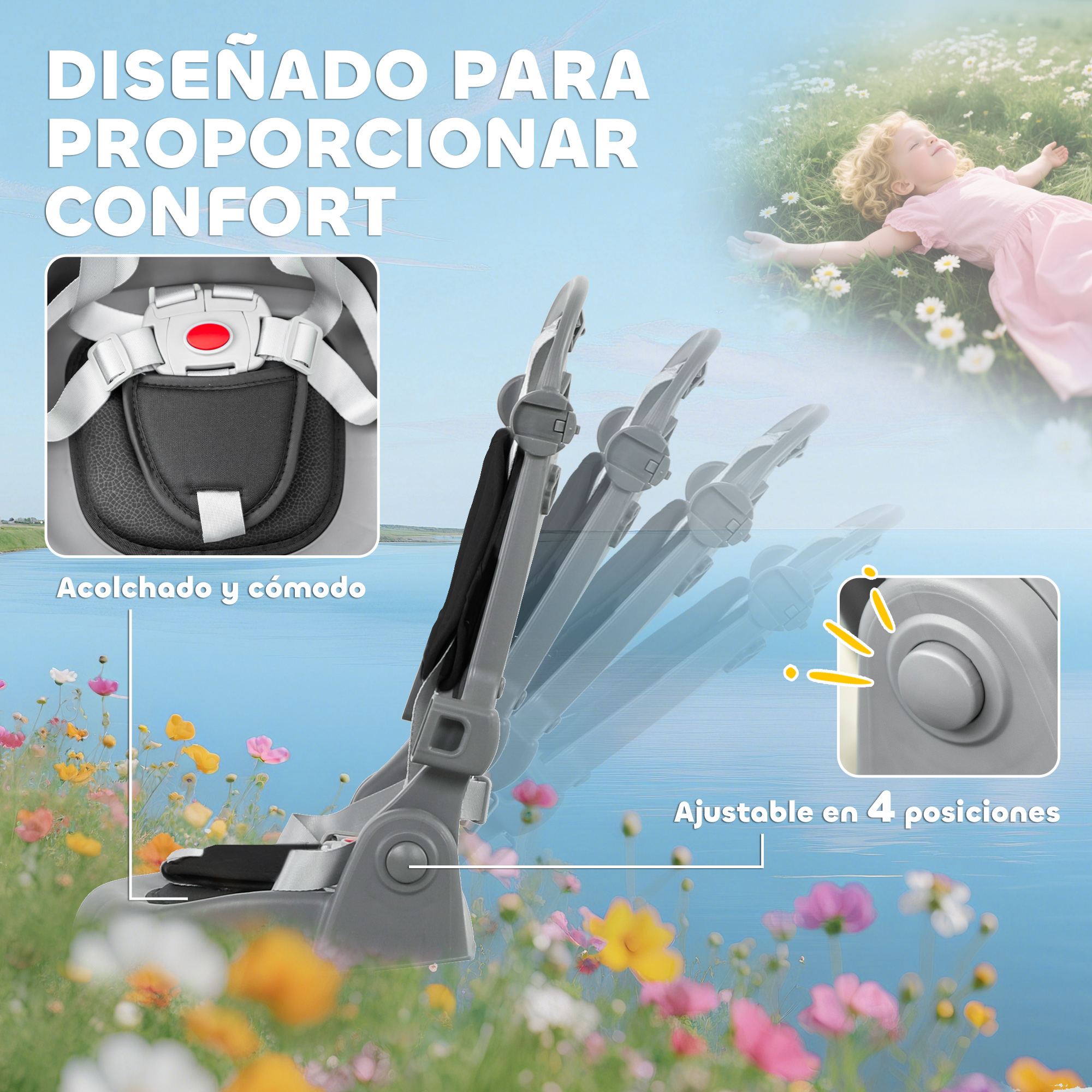Marco de cochecito gris con asiento acolchado, niña con vestido rosa en césped.
